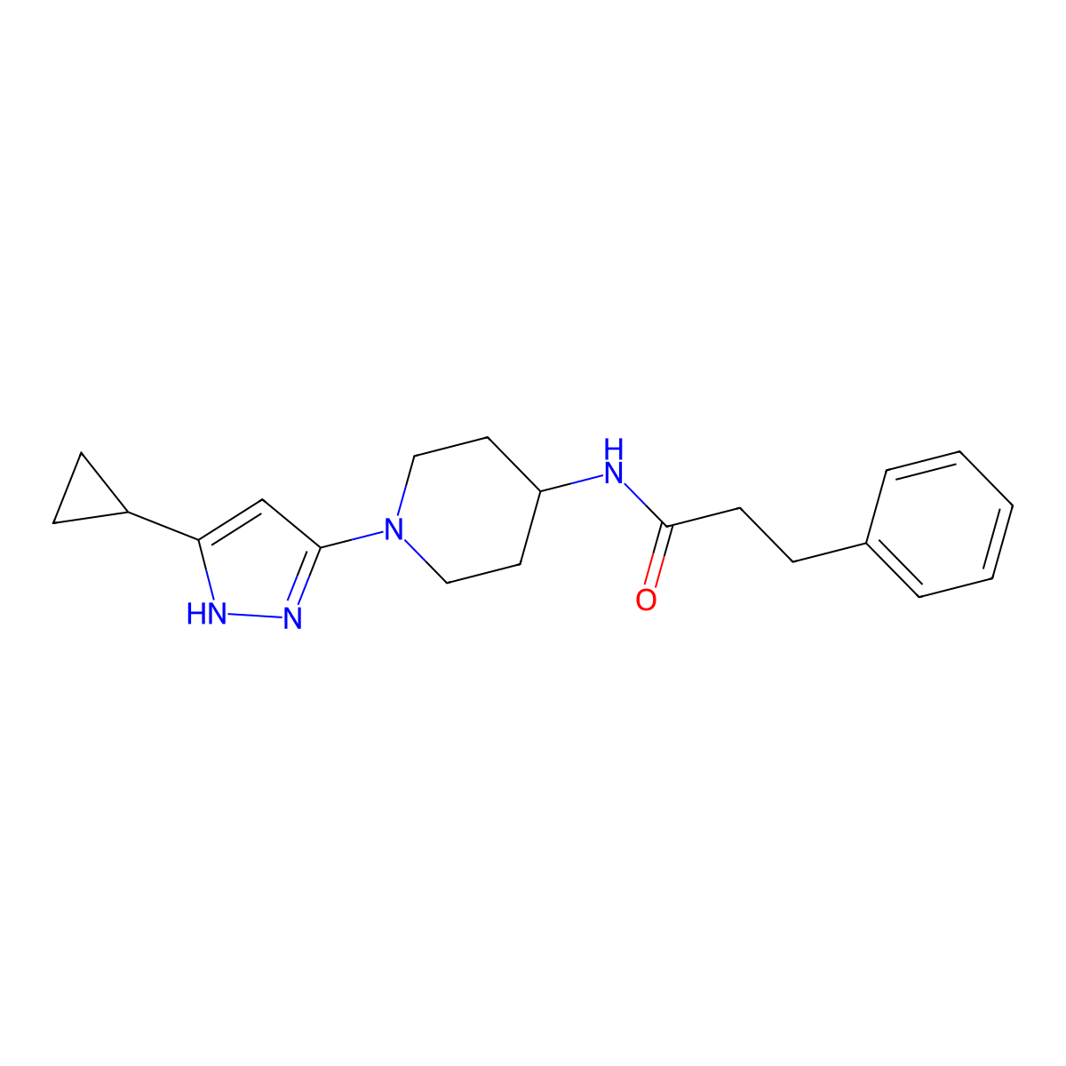 N-[1-(5-cyclopropyl-1H-pyrazol-3-yl)piperidin-4-yl]-3-phenylpropanamide molecular structure, CAS 2034209-15-7