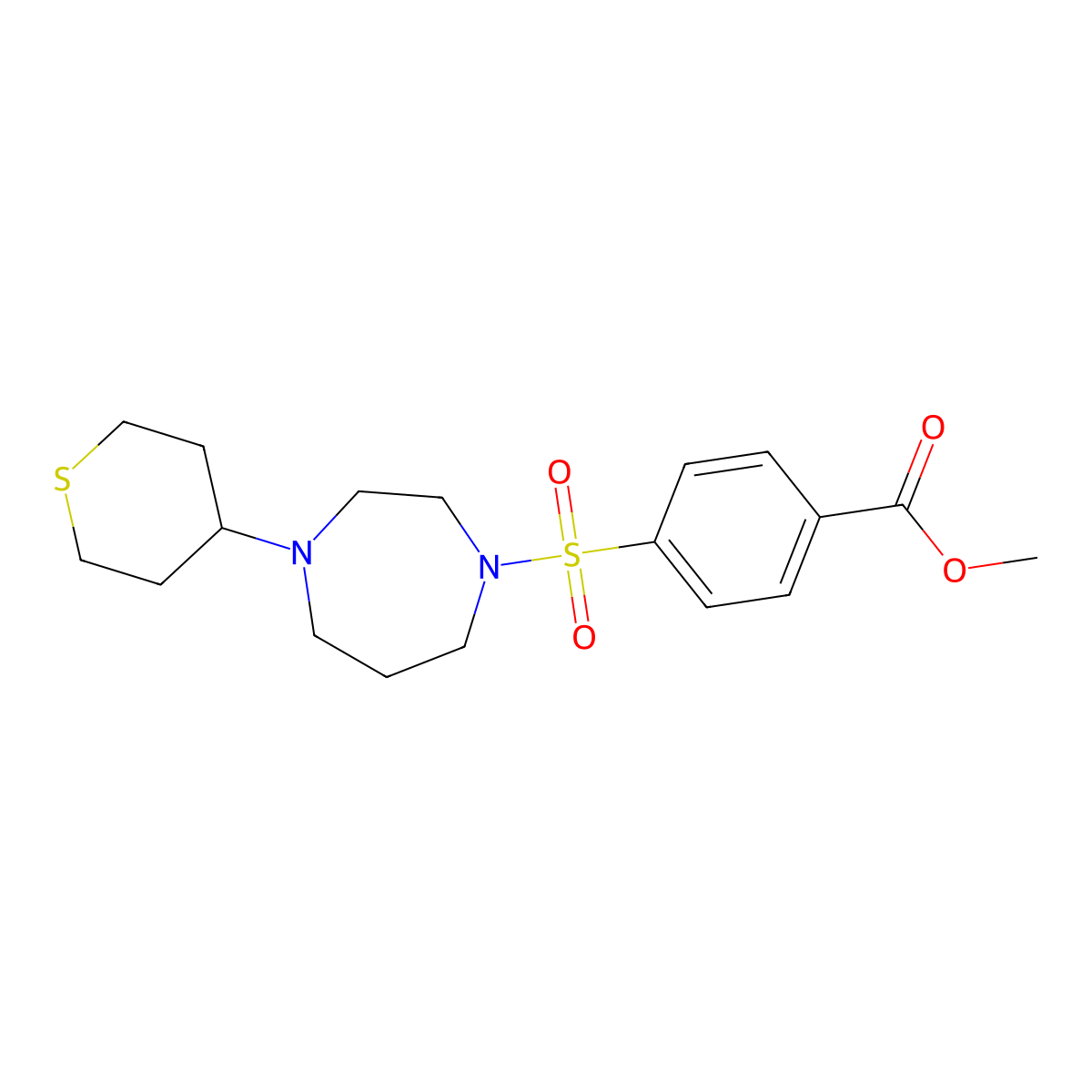 methyl 4-((4-(tetrahydro-2H-thiopyran-4-yl)-1,4-diazepan-1-yl)sulfonyl)benzoate molecular structure, CAS 2034209-18-0