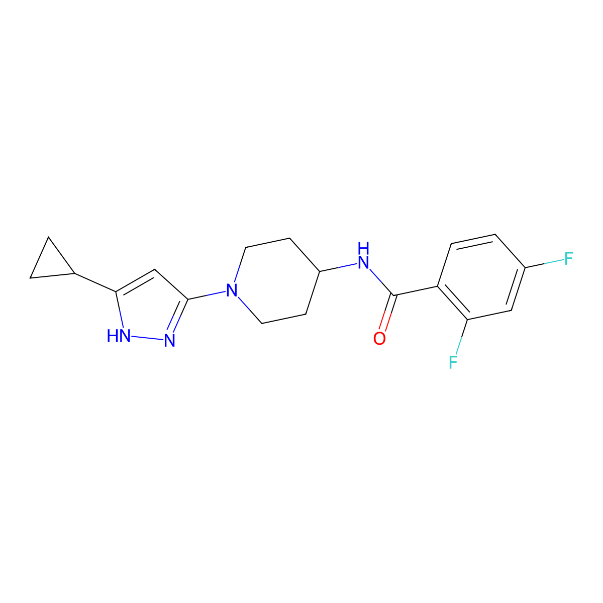 N-[1-(5-cyclopropyl-1H-pyrazol-3-yl)piperidin-4-yl]-2,4-difluorobenzamide molecular structure, CAS 2034209-24-8