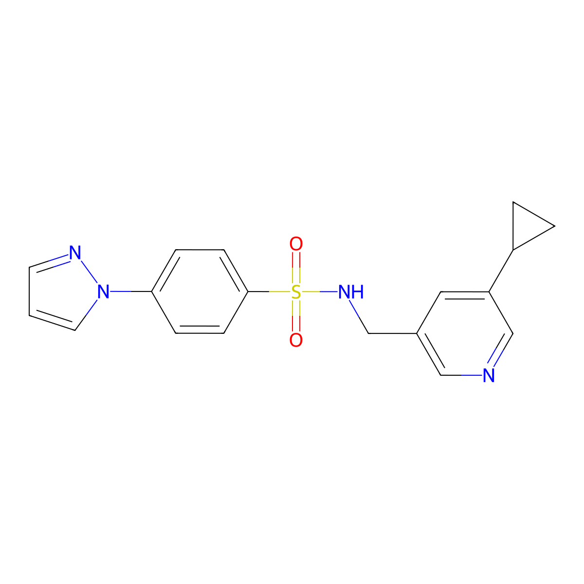 N-((5-cyclopropylpyridin-3-yl)methyl)-4-(1H-pyrazol-1-yl)benzenesulfonamide molecular structure, CAS 2034209-25-9