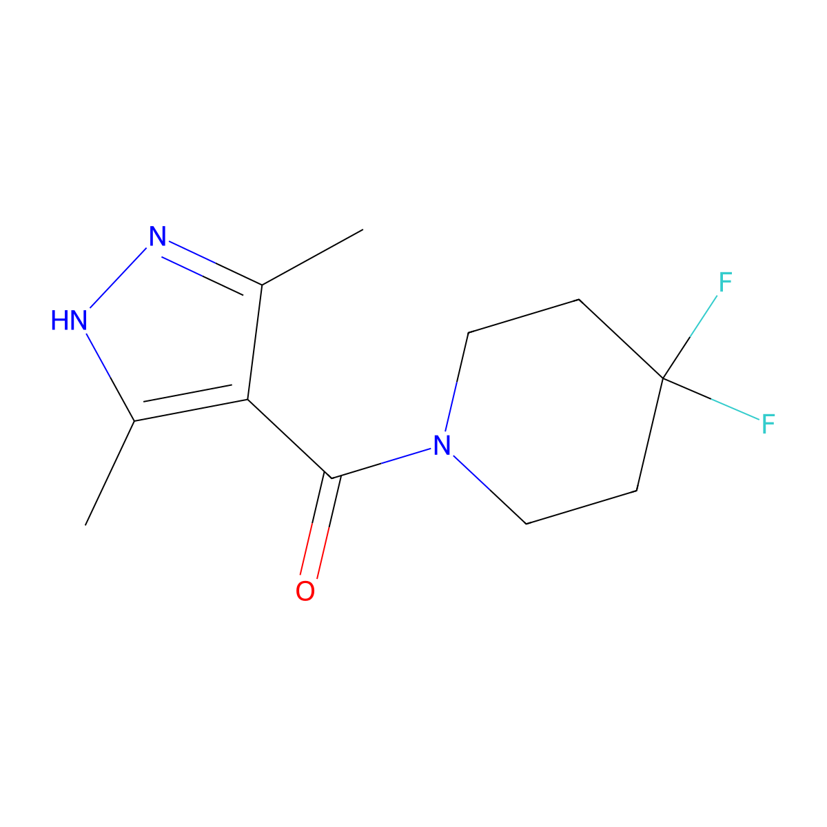 (4,4-difluoropiperidin-1-yl)(3,5-dimethyl-1H-pyrazol-4-yl)methanone molecular structure, CAS 2034209-28-2