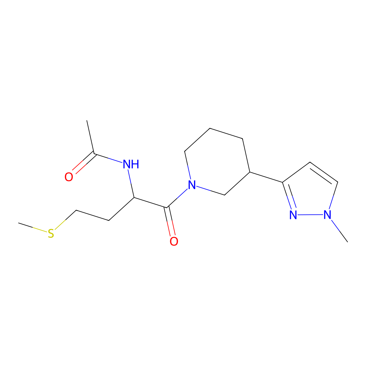 N-(1-(3-(1-methyl-1H-pyrazol-3-yl)piperidin-1-yl)-4-(methylthio)-1-oxobutan-2-yl)acetamide molecular structure, CAS 2034209-34-0