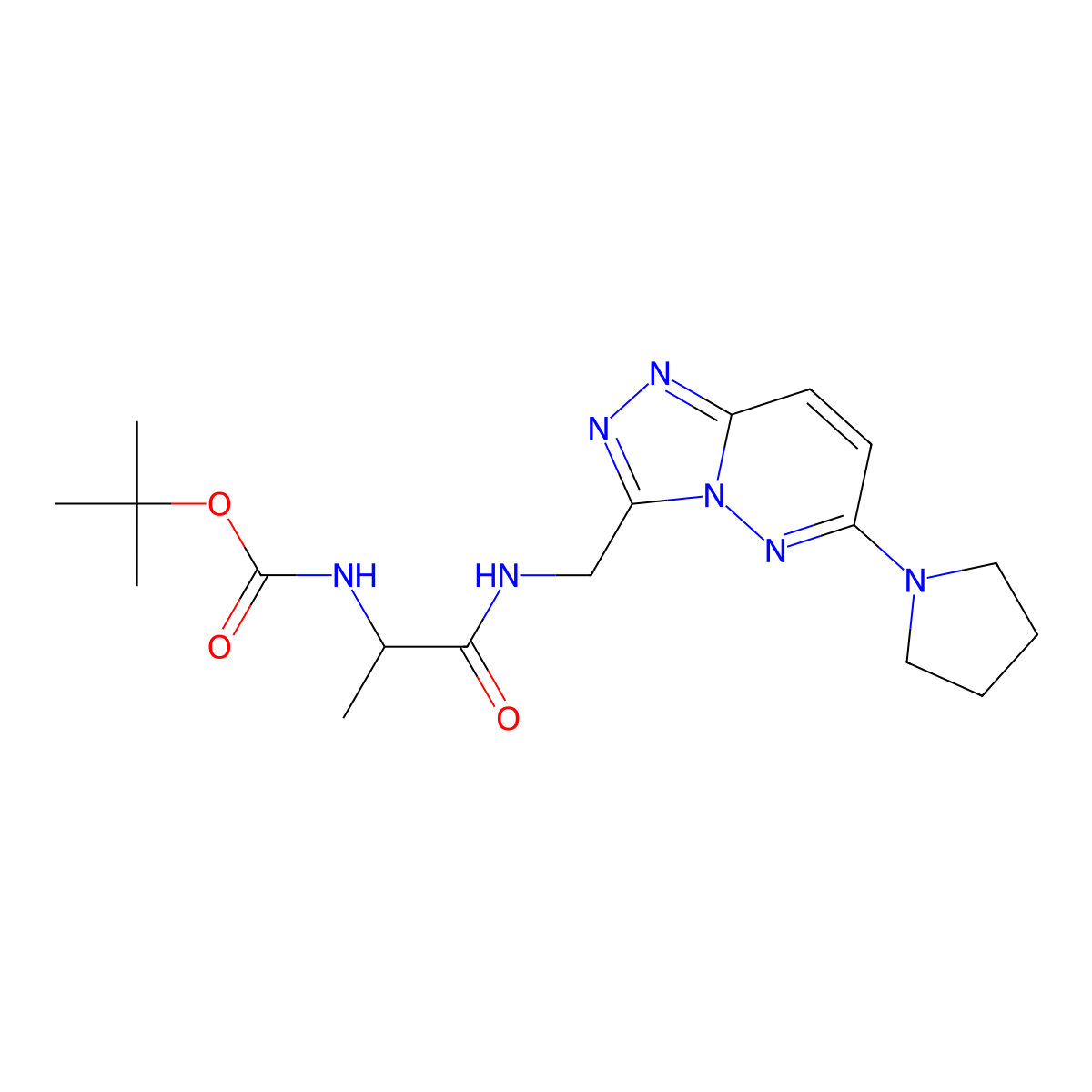 Tert-butyl (1-oxo-1-(((6-(pyrrolidin-1-yl)-[1,2,4]triazolo[4,3-b]pyridazin-3-yl)methyl)amino)propan-2-yl)carbamate molecular structure, CAS 2034209-38-4