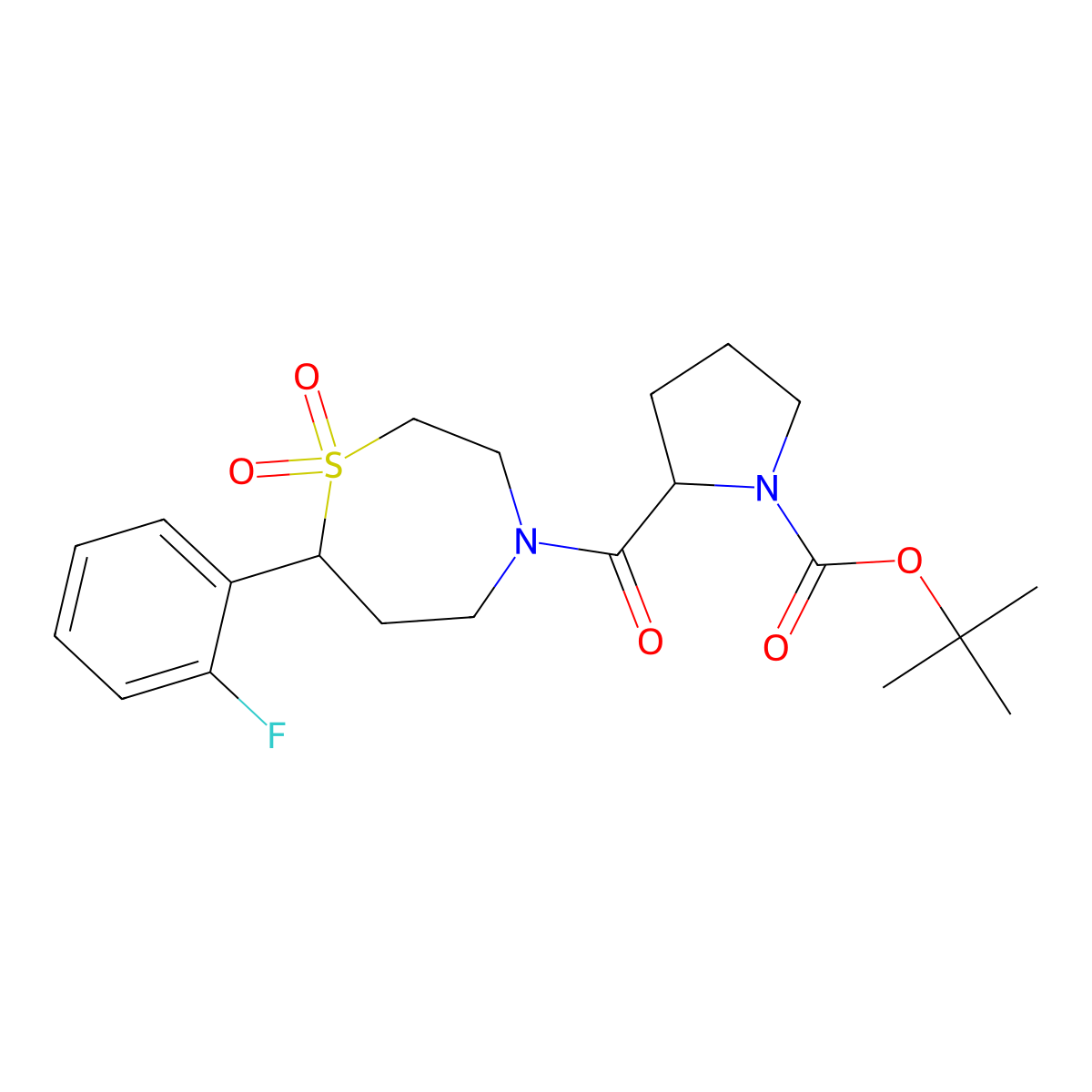 Tert-butyl 2-(7-(2-fluorophenyl)-1,1-dioxido-1,4-thiazepane-4-carbonyl)pyrrolidine-1-carboxylate molecular structure, CAS 2034209-39-5