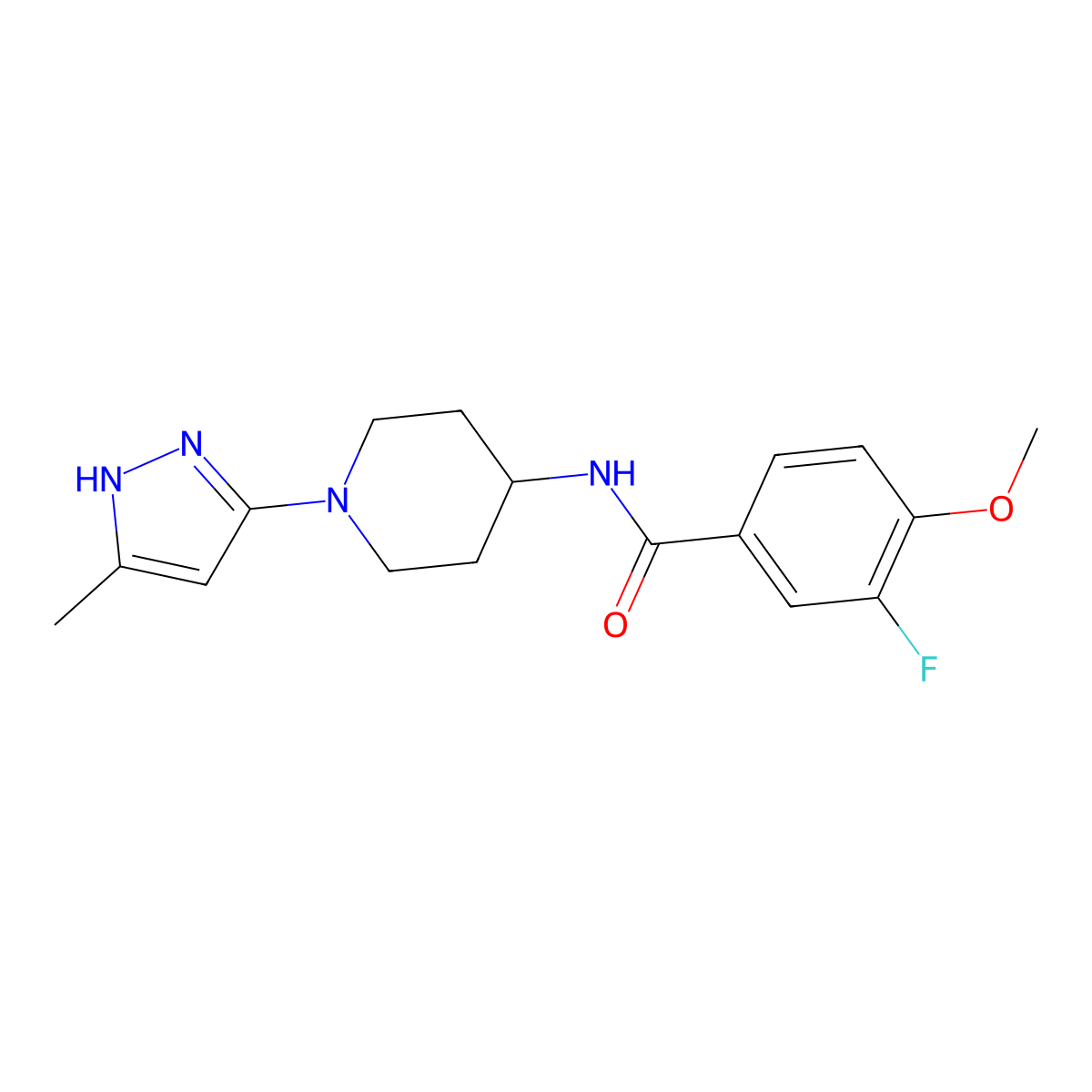 3-fluoro-4-methoxy-N-[1-(5-methyl-1H-pyrazol-3-yl)piperidin-4-yl]benzamide molecular structure, CAS 2034209-43-1