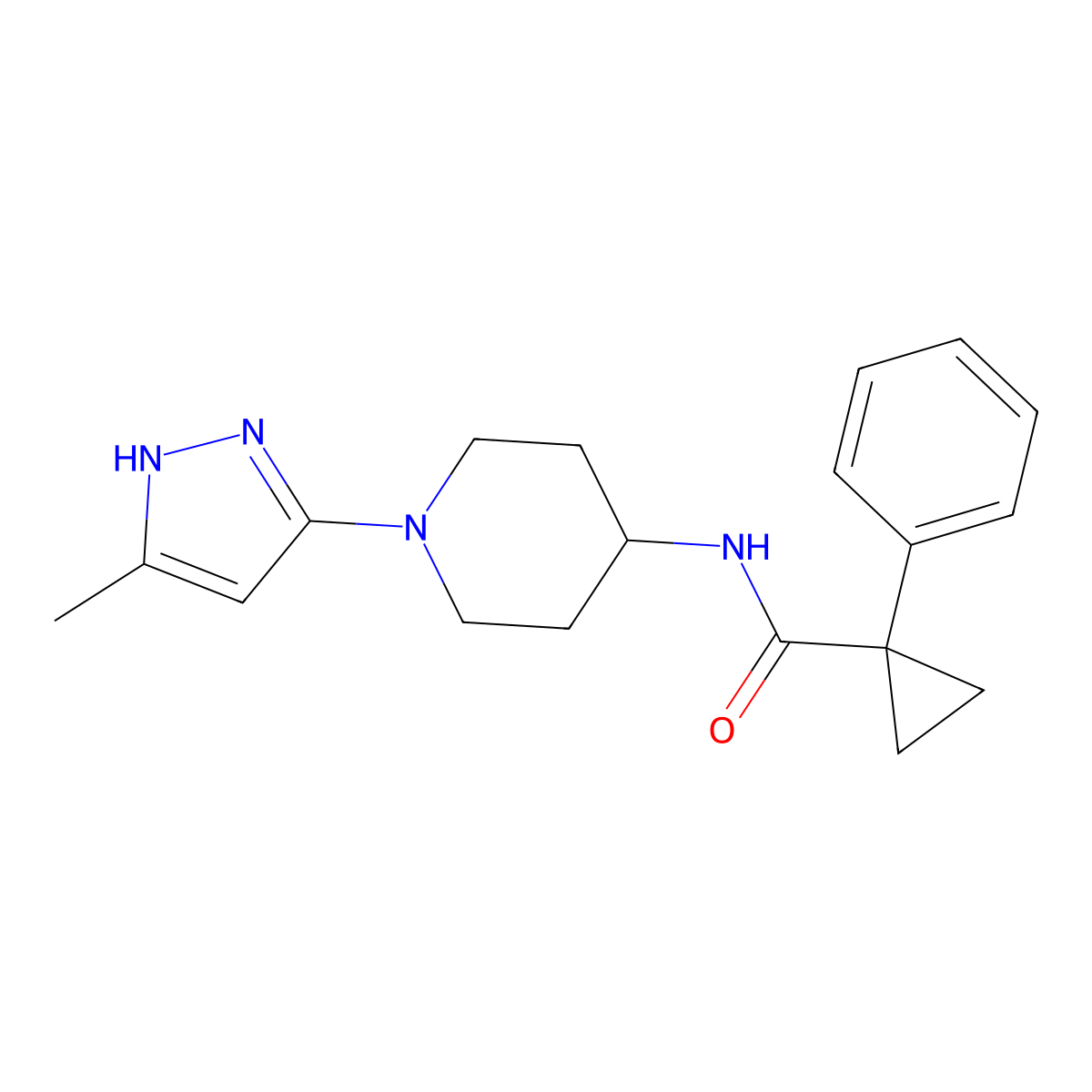 N-(1-(5-methyl-1H-pyrazol-3-yl)piperidin-4-yl)-1-phenylcyclopropanecarboxamide molecular structure, CAS 2034209-53-3