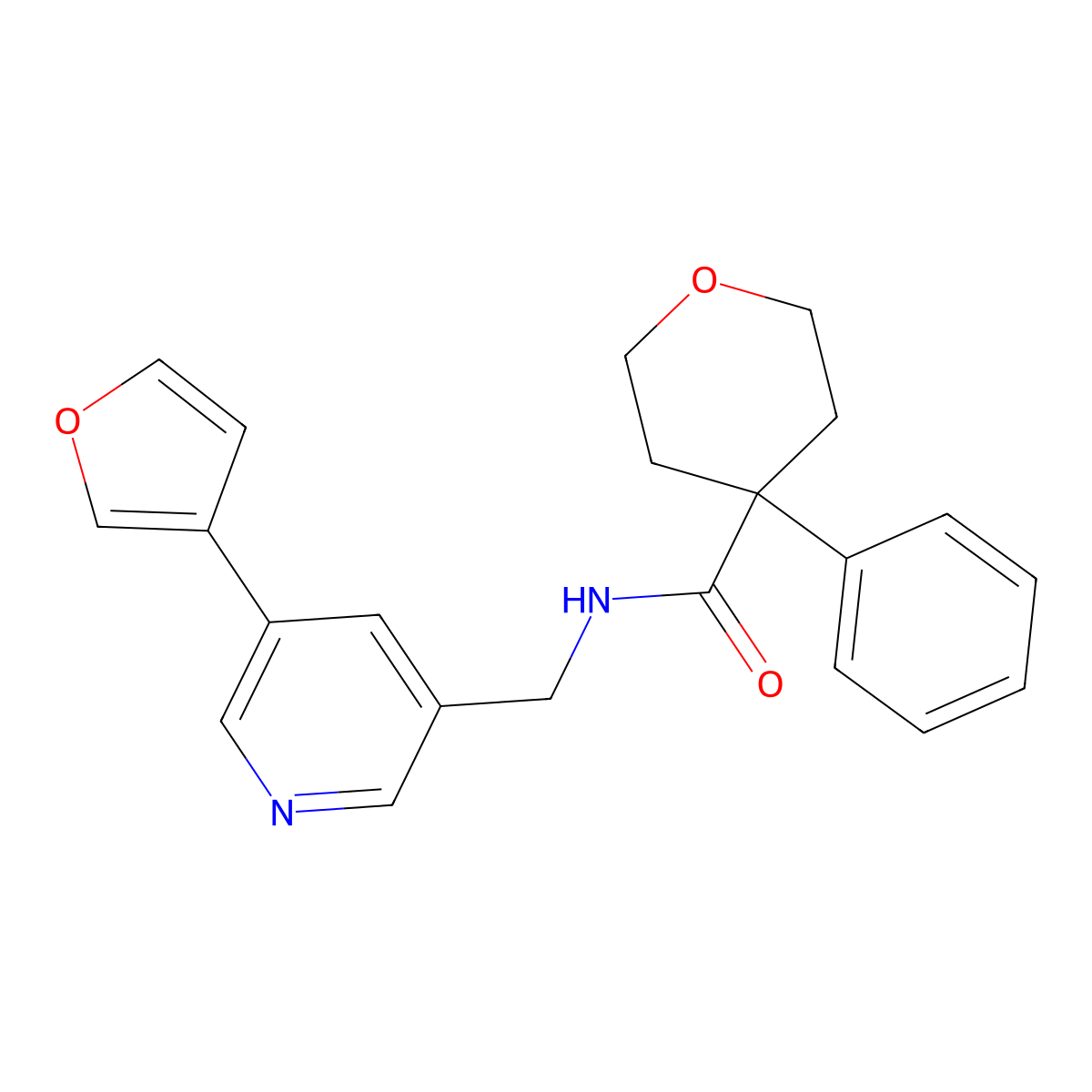 N-((5-(furan-3-yl)pyridin-3-yl)methyl)-4-phenyltetrahydro-2H-pyran-4-carboxamide molecular structure, CAS 2034209-55-5