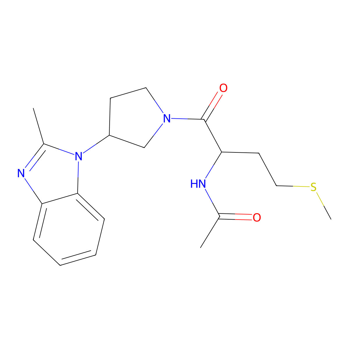 N-(1-(3-(2-methyl-1H-benzo[d]imidazol-1-yl)pyrrolidin-1-yl)-4-(methylthio)-1-oxobutan-2-yl)acetamide molecular structure, CAS 2034209-58-8