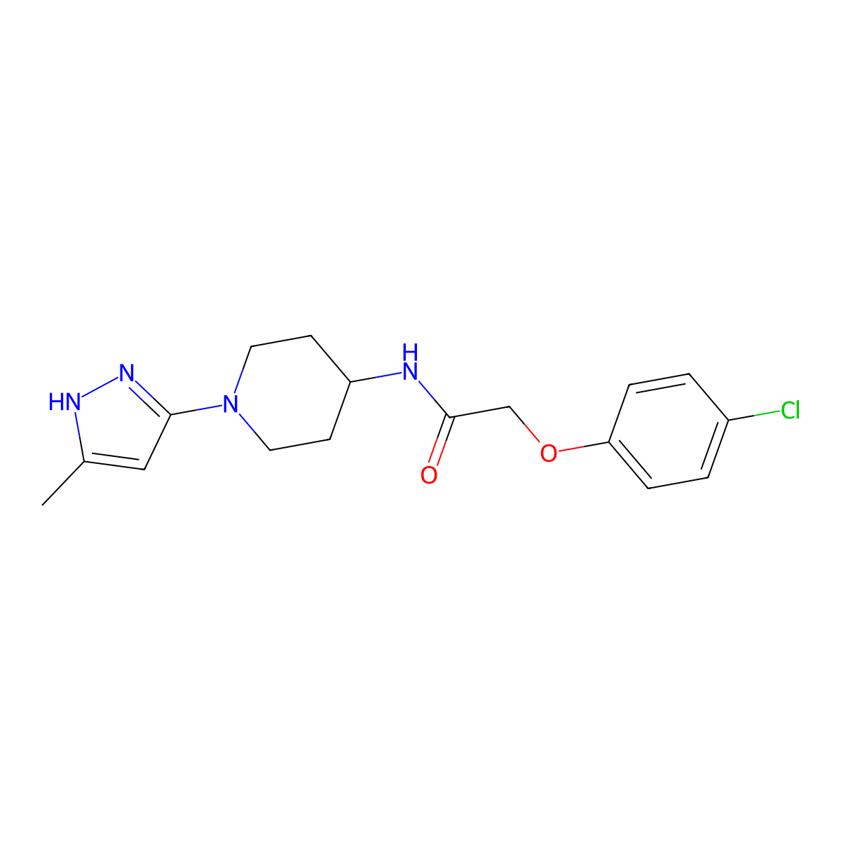 2-(4-chlorophenoxy)-N-[1-(5-methyl-1H-pyrazol-3-yl)piperidin-4-yl]acetamide molecular structure, CAS 2034209-60-2