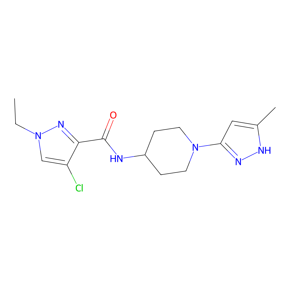 4-chloro-1-ethyl-N-(1-(5-methyl-1H-pyrazol-3-yl)piperidin-4-yl)-1H-pyrazole-3-carboxamide molecular structure, CAS 2034209-63-5
