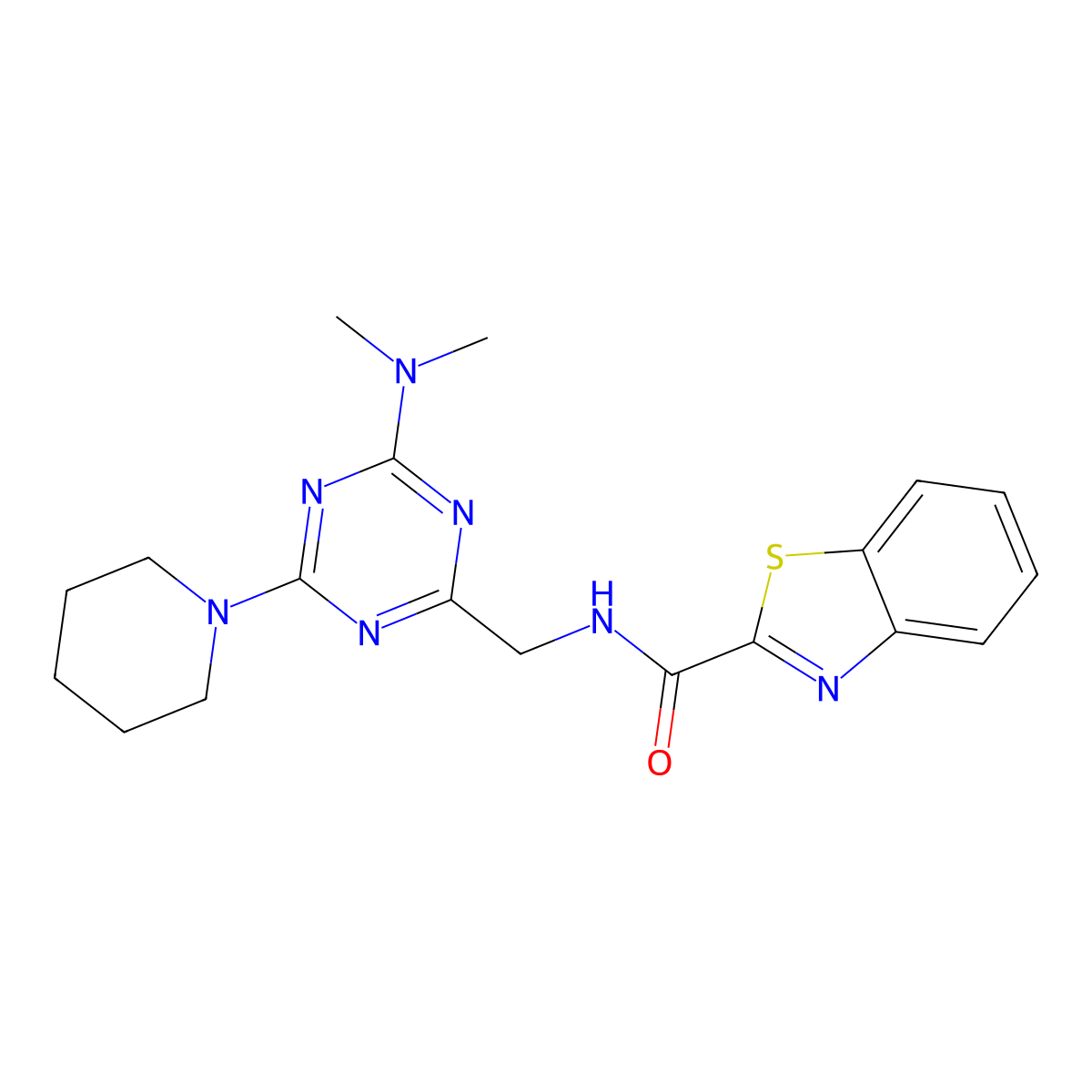 N-((4-(dimethylamino)-6-(piperidin-1-yl)-1,3,5-triazin-2-yl)methyl)benzo[d]thiazole-2-carboxamide molecular structure, CAS 2034209-82-8