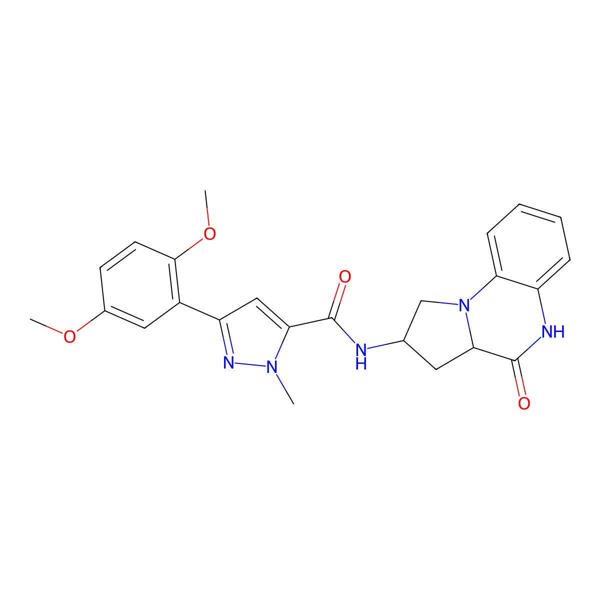 3-(2,5-dimethoxyphenyl)-1-methyl-N-(4-oxo-1,2,3,3a,4,5-hexahydropyrrolo[1,2-a]quinoxalin-2-yl)-1H-pyrazole-5-carboxamide molecular structure, CAS 2034209-84-0