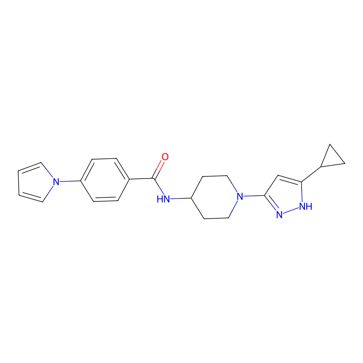N-[1-(5-cyclopropyl-1H-pyrazol-3-yl)piperidin-4-yl]-4-(1H-pyrrol-1-yl)benzamide molecular structure, CAS 2034209-89-5