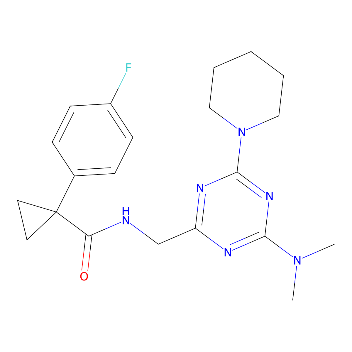 N-((4-(dimethylamino)-6-(piperidin-1-yl)-1,3,5-triazin-2-yl)methyl)-1-(4-fluorophenyl)cyclopropanecarboxamide molecular structure, CAS 2034209-97-5