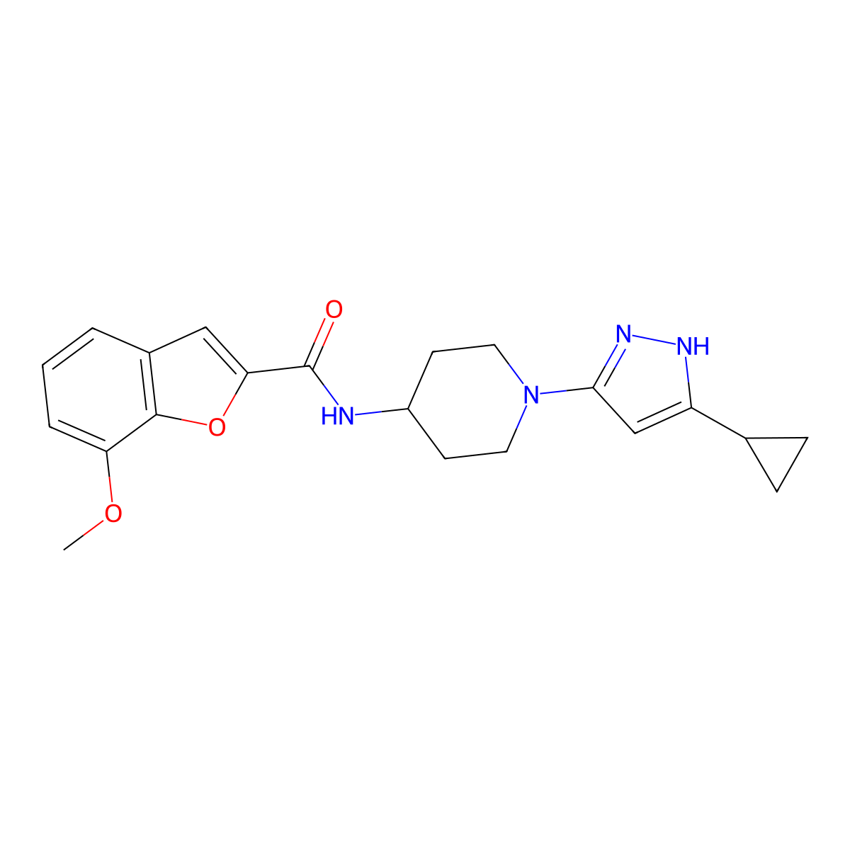 N-(1-(5-cyclopropyl-1H-pyrazol-3-yl)piperidin-4-yl)-7-methoxybenzofuran-2-carboxamide molecular structure, CAS 2034210-07-4
