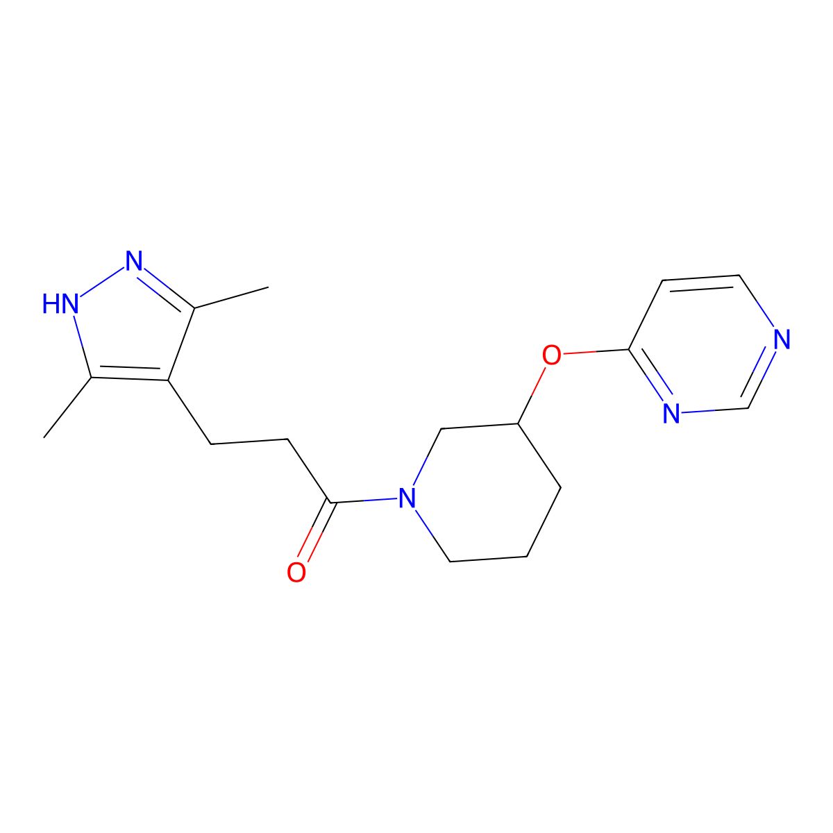 3-(3,5-dimethyl-1H-pyrazol-4-yl)-1-[3-(pyrimidin-4-yloxy)piperidin-1-yl]propan-1-one molecular structure, CAS 2034210-13-2