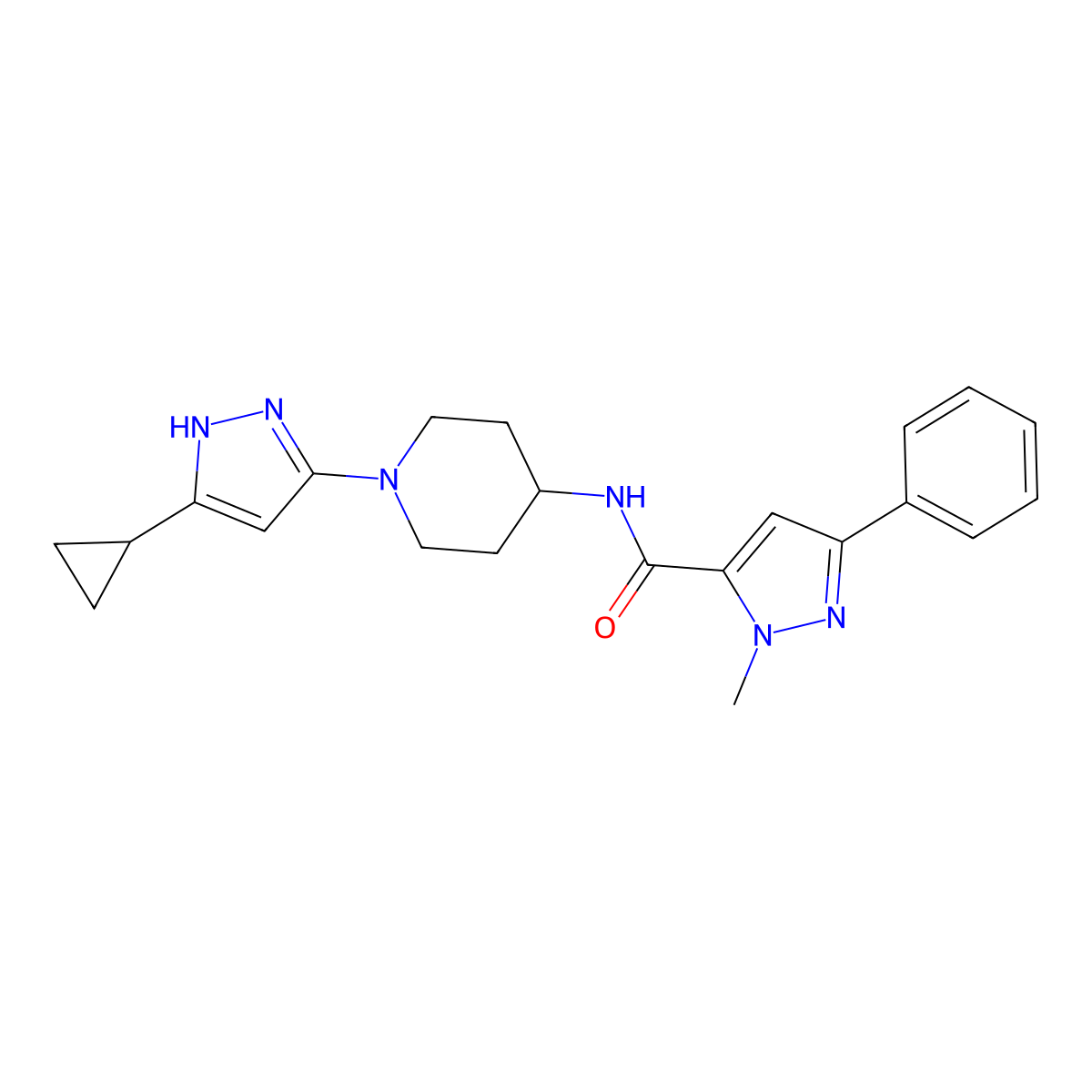 N-[1-(5-cyclopropyl-1H-pyrazol-3-yl)piperidin-4-yl]-1-methyl-3-phenyl-1H-pyrazole-5-carboxamide molecular structure, CAS 2034210-15-4