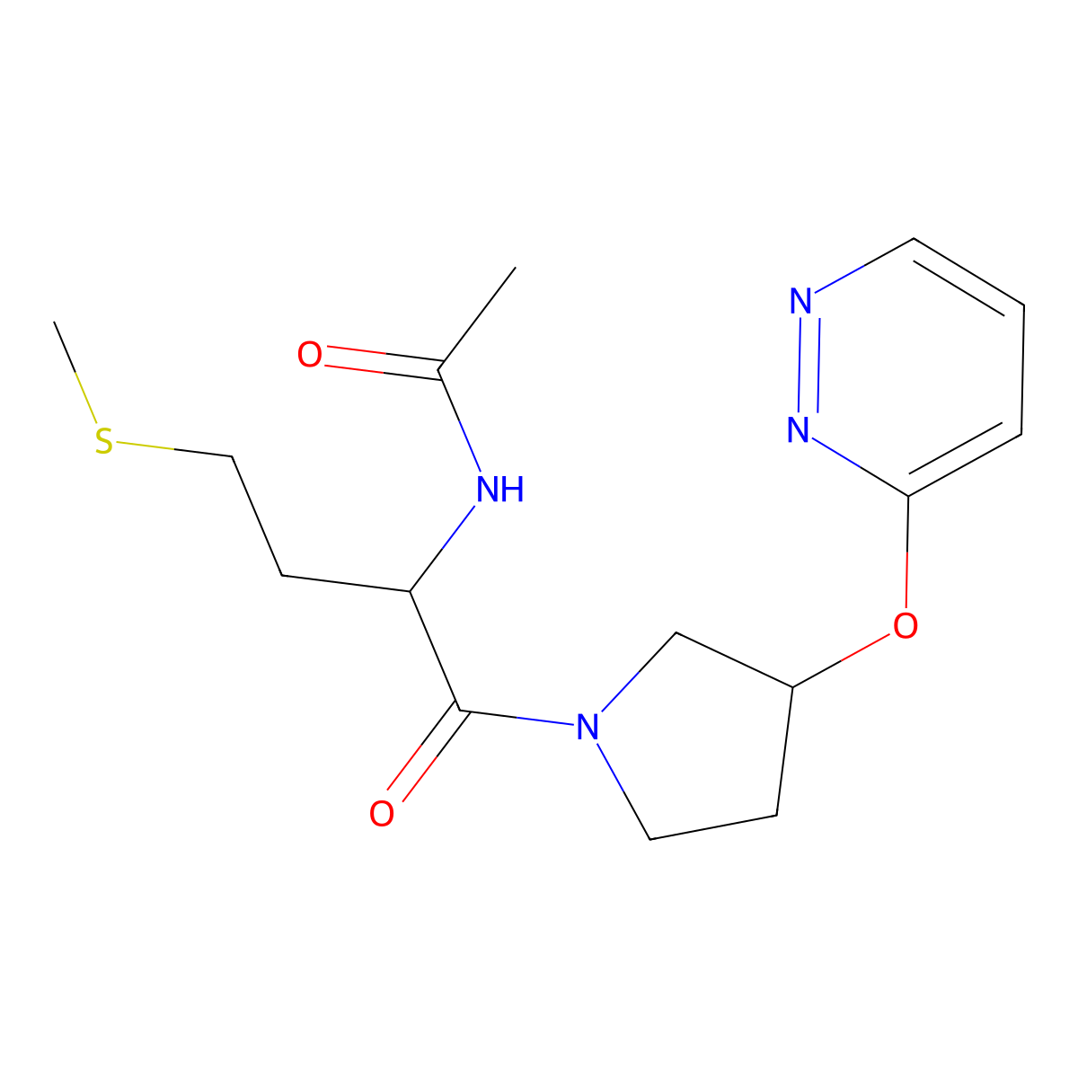 N-(4-(methylthio)-1-oxo-1-(3-(pyridazin-3-yloxy)pyrrolidin-1-yl)butan-2-yl)acetamide molecular structure, CAS 2034210-16-5