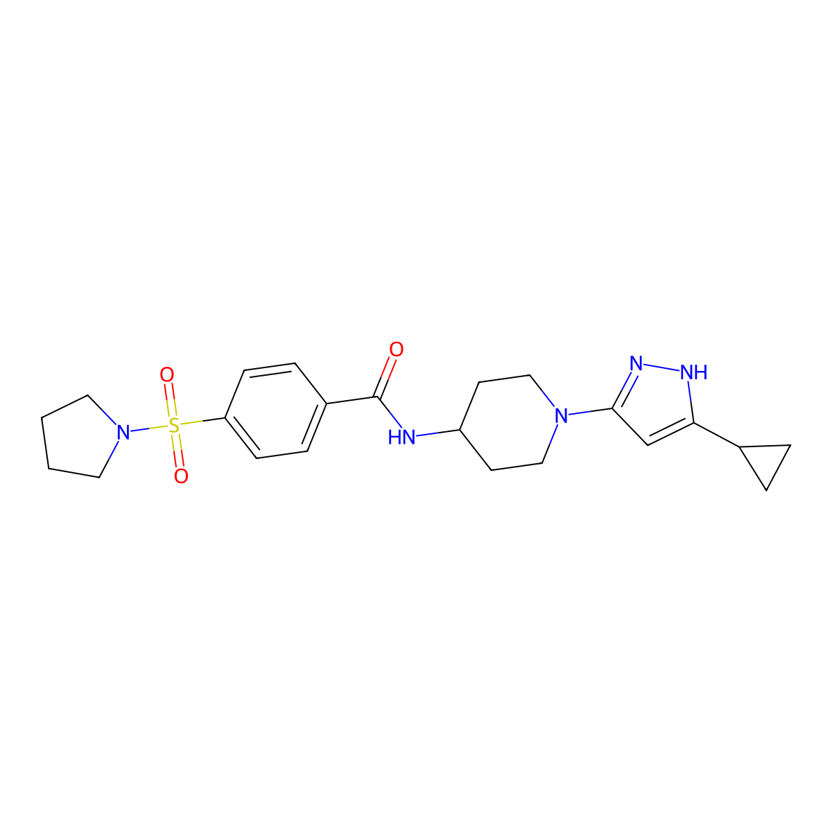 N-(1-(5-cyclopropyl-1H-pyrazol-3-yl)piperidin-4-yl)-4-(pyrrolidin-1-ylsulfonyl)benzamide molecular structure, CAS 2034210-18-7
