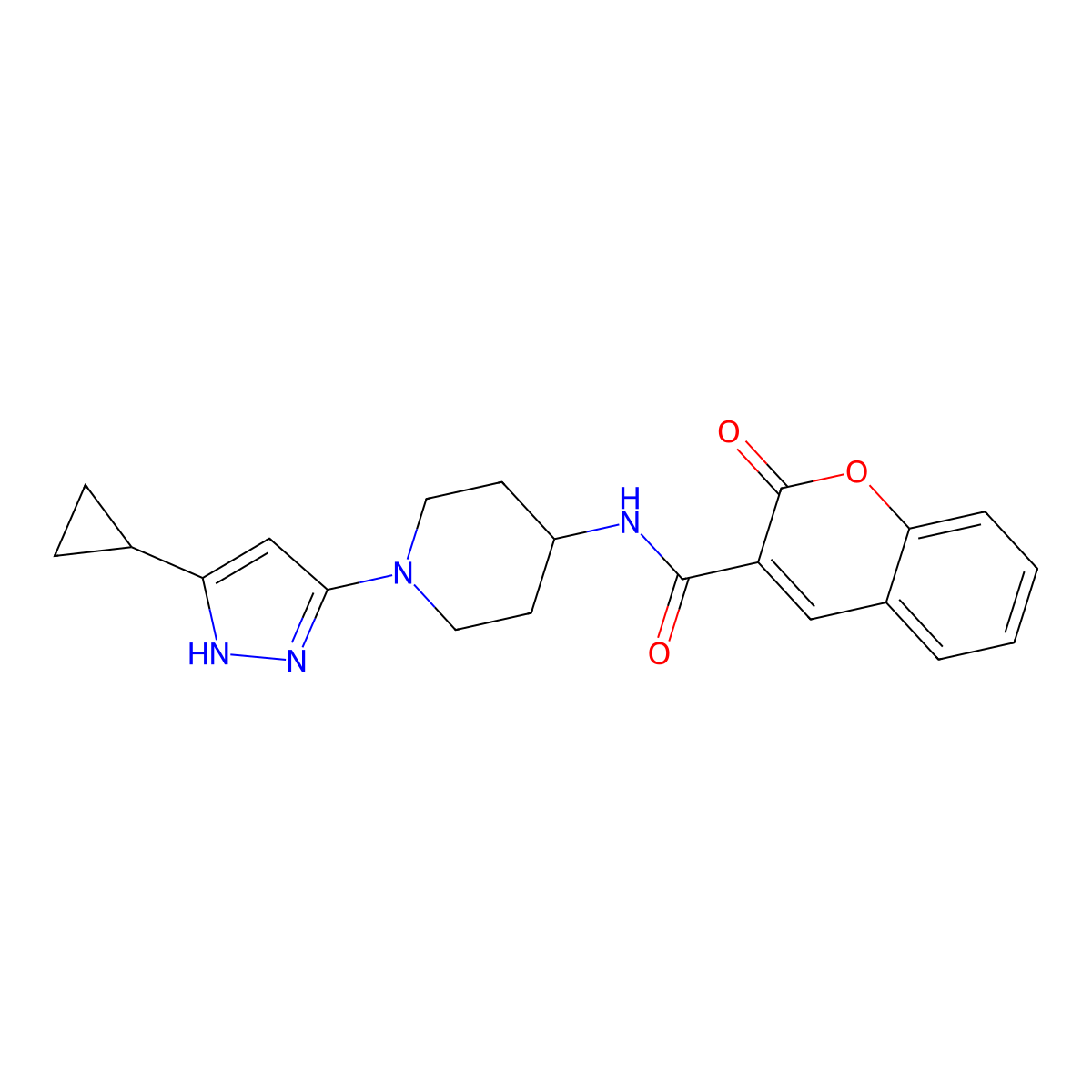 N-(1-(5-cyclopropyl-1H-pyrazol-3-yl)piperidin-4-yl)-2-oxo-2H-chromene-3-carboxamide molecular structure, CAS 2034210-25-6