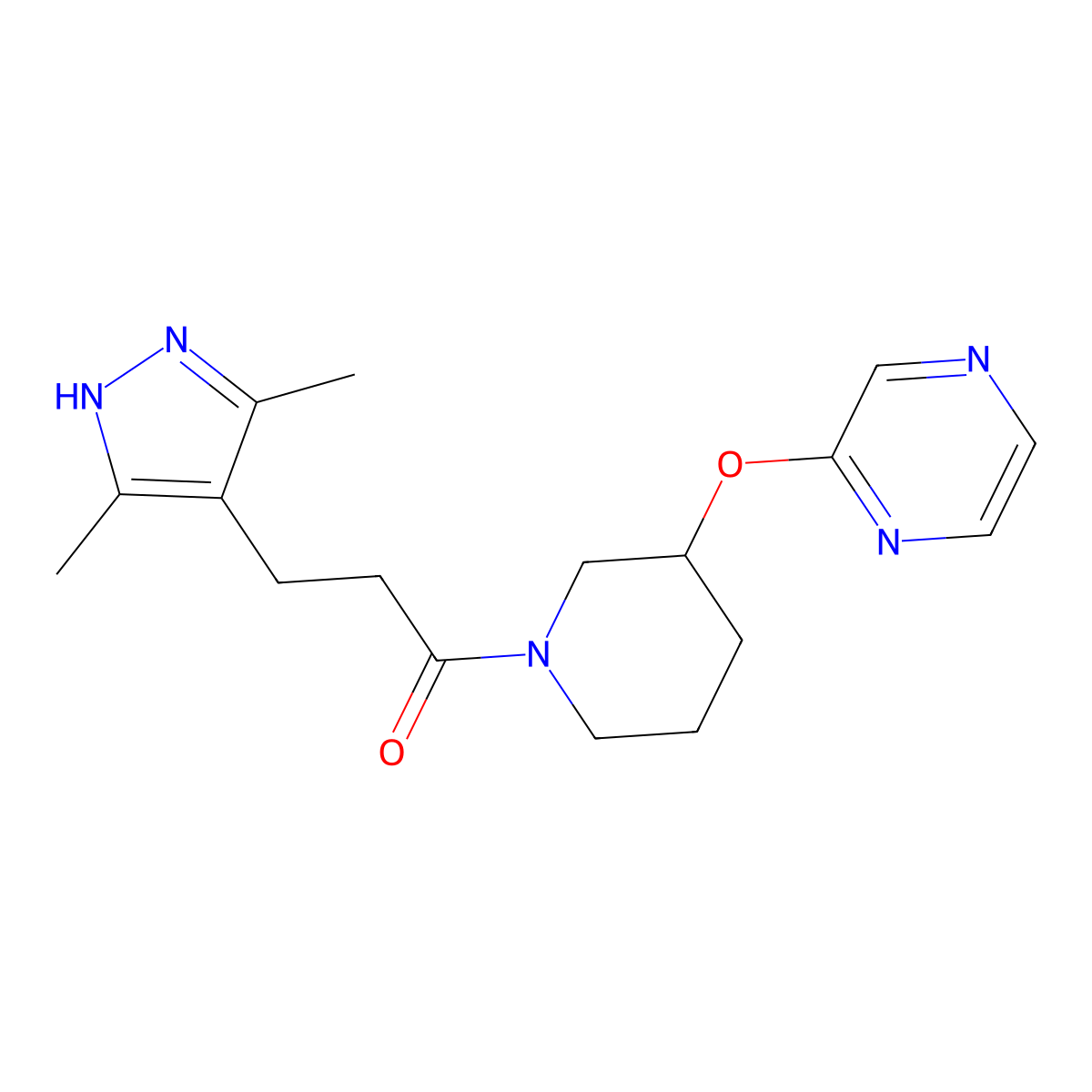 3-(3,5-dimethyl-1H-pyrazol-4-yl)-1-[3-(pyrazin-2-yloxy)piperidin-1-yl]propan-1-one molecular structure, CAS 2034210-33-6