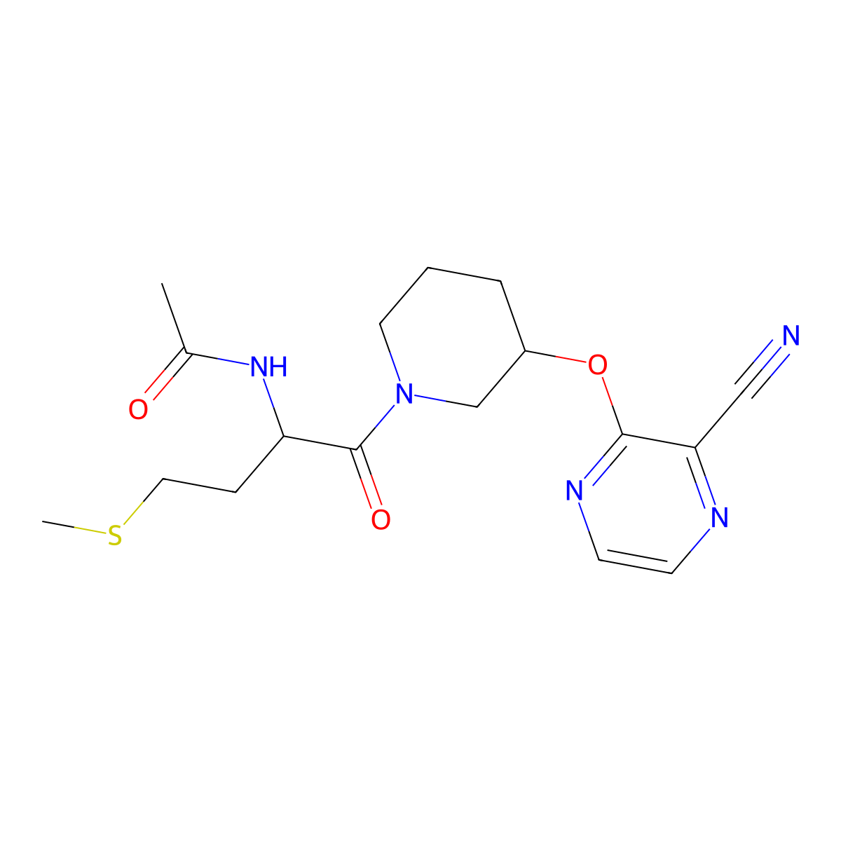 N-(1-(3-((3-cyanopyrazin-2-yl)oxy)piperidin-1-yl)-4-(methylthio)-1-oxobutan-2-yl)acetamide molecular structure, CAS 2034210-35-8