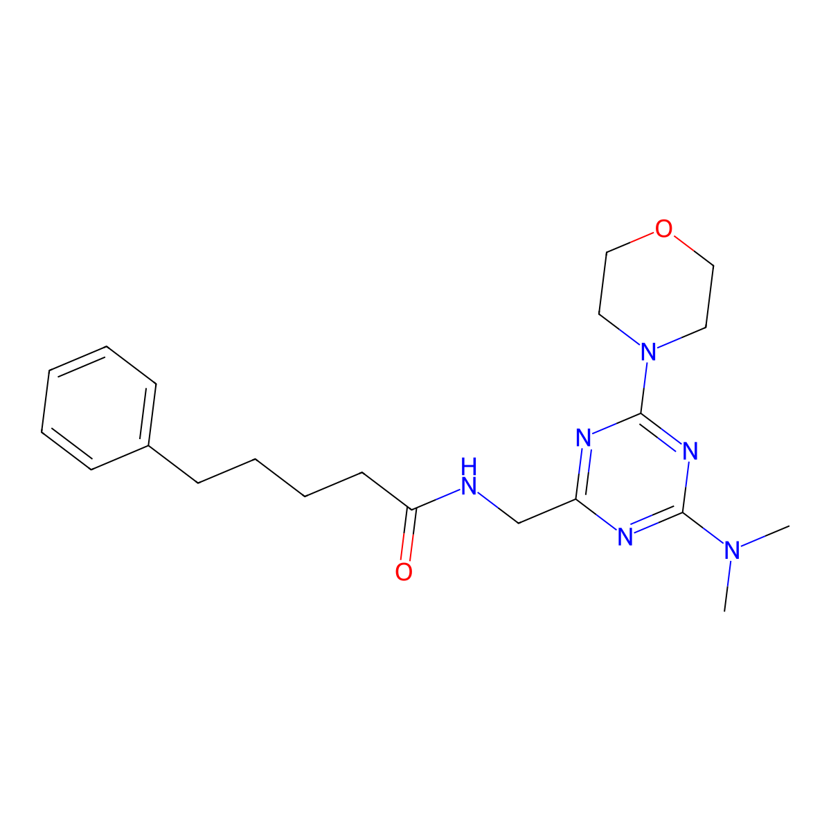 N-{[4-(dimethylamino)-6-(morpholin-4-yl)-1,3,5-triazin-2-yl]methyl}-5-phenylpentanamide molecular structure, CAS 2034210-46-1