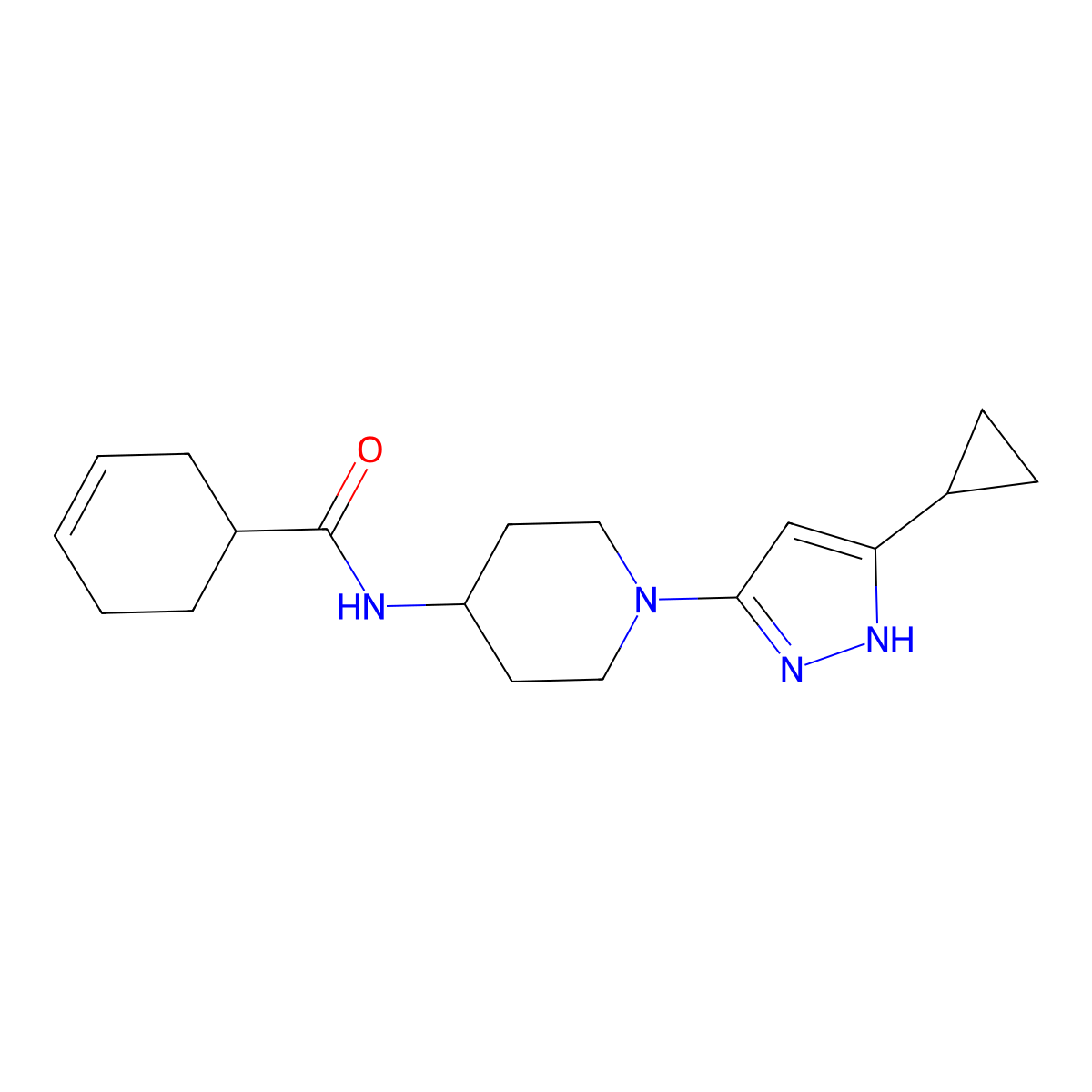 N-(1-(5-cyclopropyl-1H-pyrazol-3-yl)piperidin-4-yl)cyclohex-3-enecarboxamide molecular structure, CAS 2034222-27-8