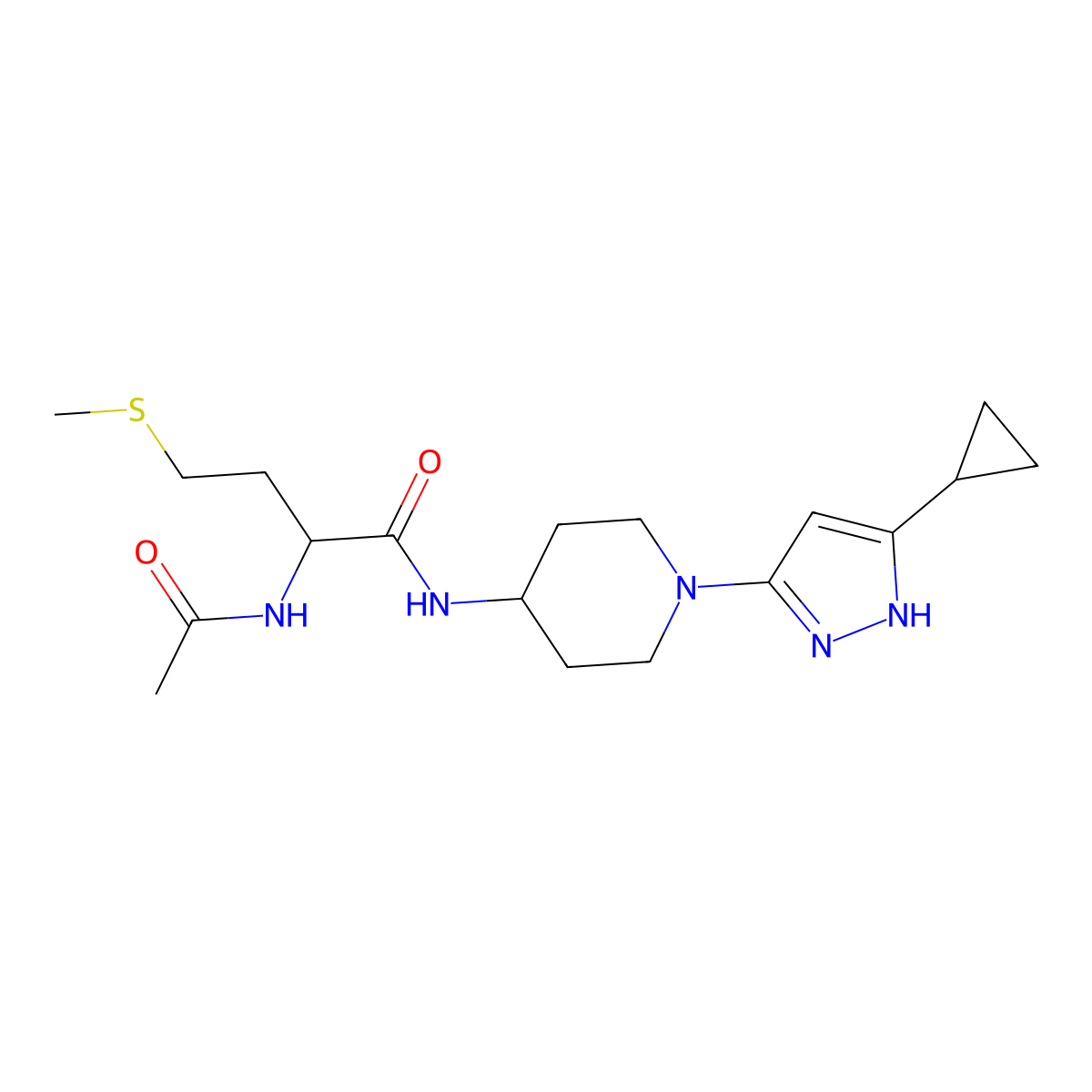 2-acetamido-N-(1-(5-cyclopropyl-1H-pyrazol-3-yl)piperidin-4-yl)-4-(methylthio)butanamide molecular structure, CAS 2034222-31-4