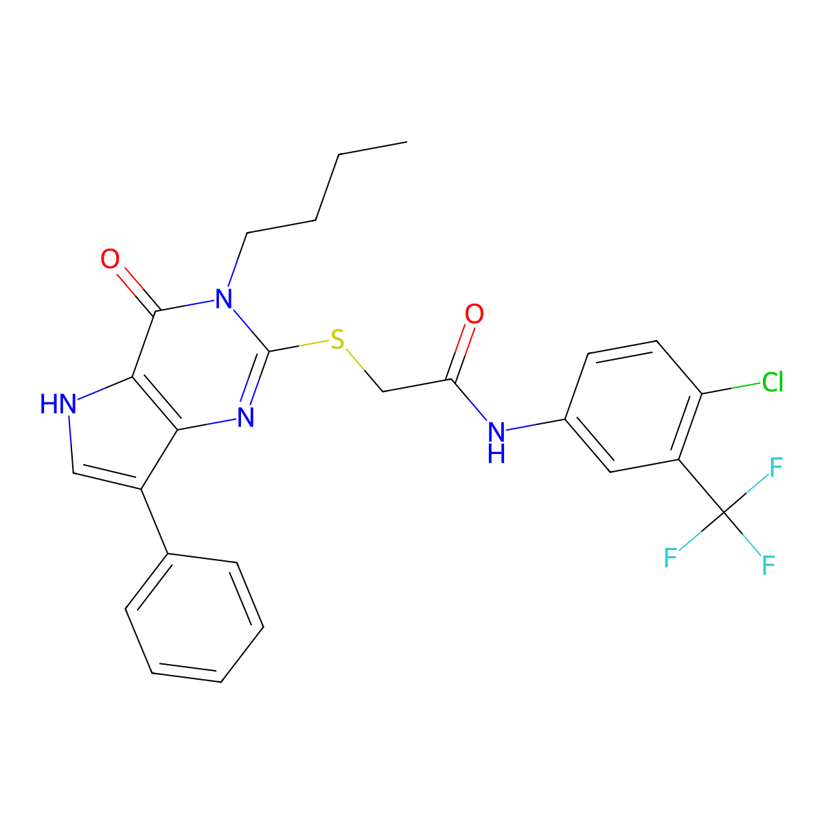 2-((3-butyl-4-oxo-7-phenyl-4,5-dihydro-3H-pyrrolo[3,2-d]pyrimidin-2-yl)thio)-N-(4-chloro-3-(trifluoromethyl)phenyl)acetamide molecular structure, CAS 2034222-35-8
