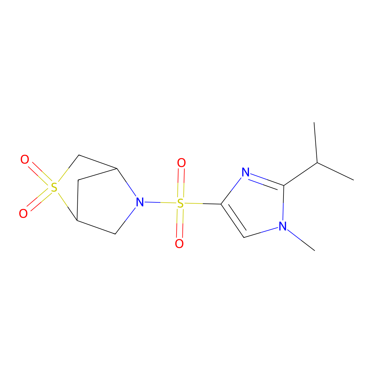 5-((2-isopropyl-1-methyl-1H-imidazol-4-yl)sulfonyl)-2-thia-5-azabicyclo[2.2.1]heptane 2,2-dioxide molecular structure, CAS 2034222-61-0