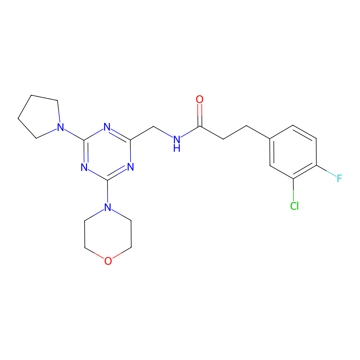 3-(3-chloro-4-fluorophenyl)-N-((4-morpholino-6-(pyrrolidin-1-yl)-1,3,5-triazin-2-yl)methyl)propanamide molecular structure, CAS 2034222-82-5