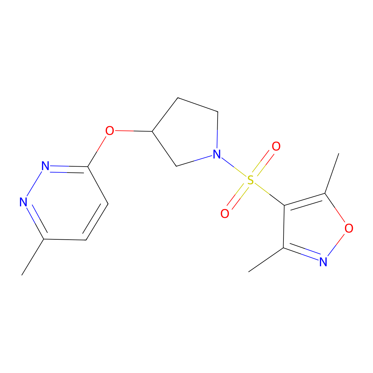 3,5-Dimethyl-4-((3-((6-methylpyridazin-3-yl)oxy)pyrrolidin-1-yl)sulfonyl)isoxazole molecular structure, CAS 2034222-92-7