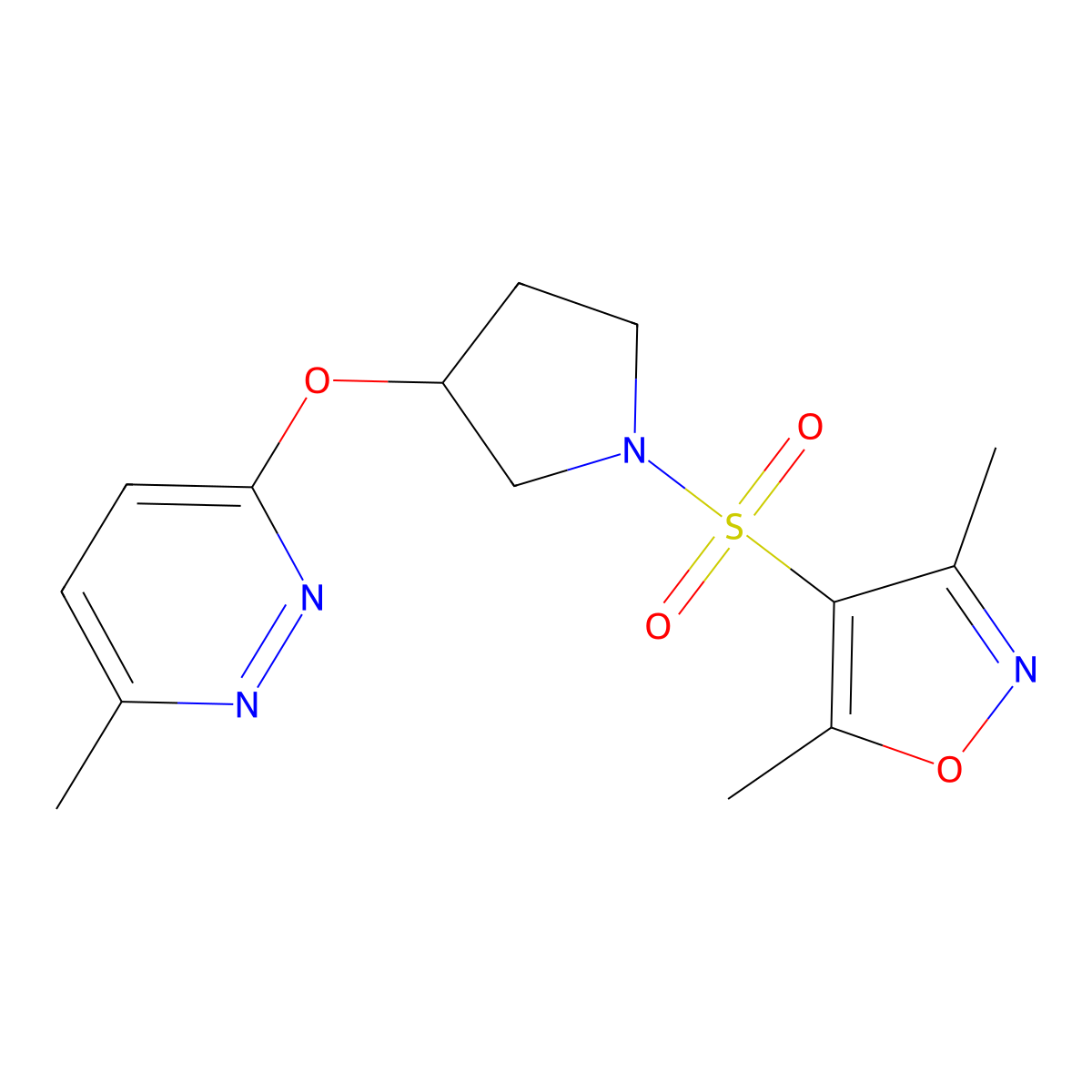 3,5-Dimethyl-4-((3-((6-methylpyridazin-3-yl)oxy)pyrrolidin-1-yl)sulfonyl)isoxazole molecular structure, CAS 2034222-92-7