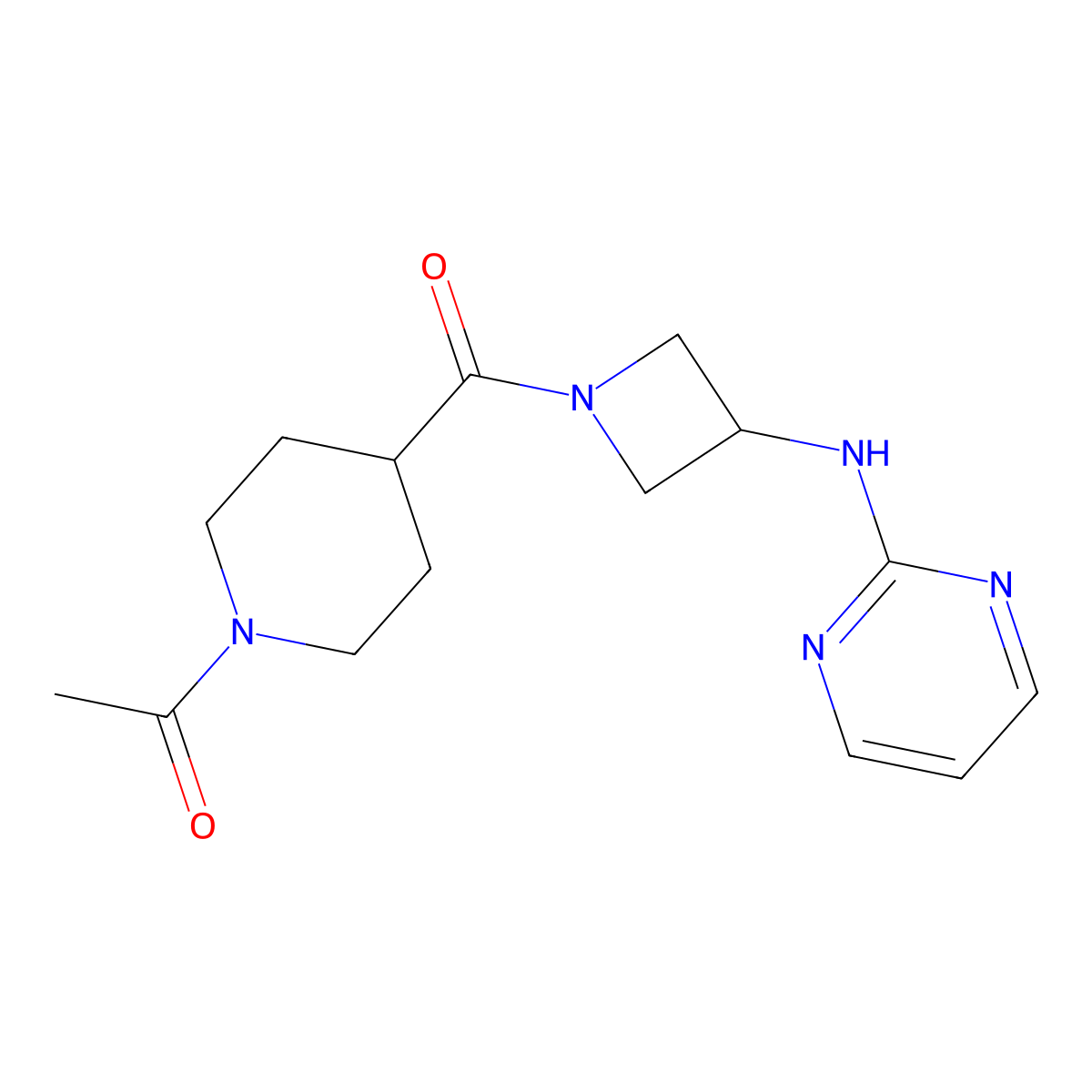 1-(4-(3-(Pyrimidin-2-ylamino)azetidine-1-carbonyl)piperidin-1-yl)ethanone molecular structure, CAS 2034223-00-0