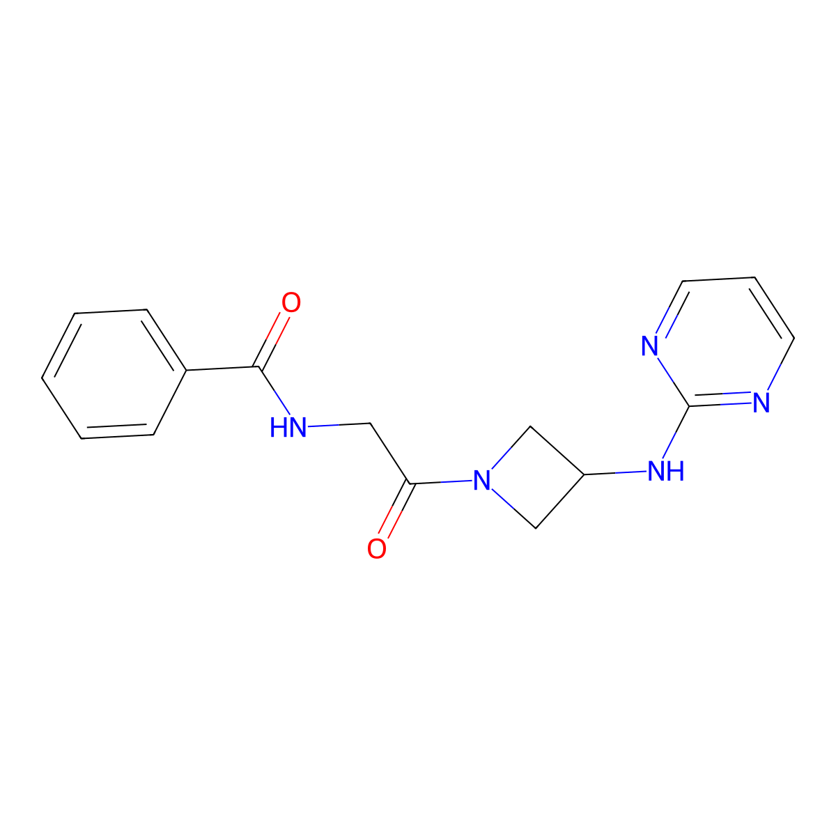N-(2-oxo-2-(3-(pyrimidin-2-ylamino)azetidin-1-yl)ethyl)benzamide molecular structure, CAS 2034223-06-6