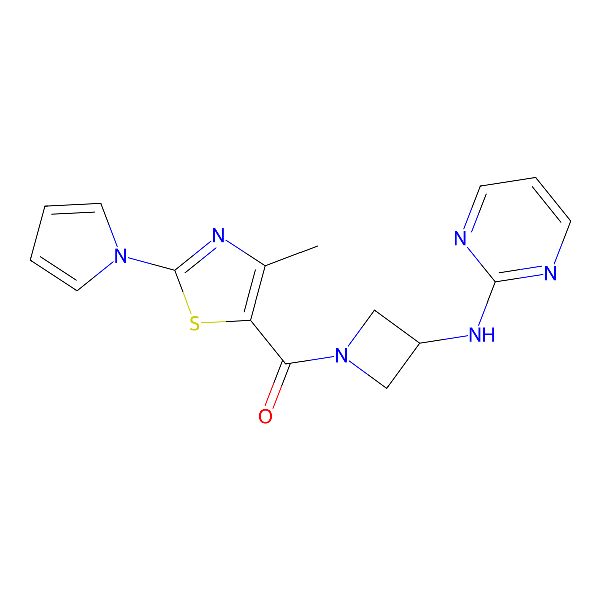 (4-methyl-2-(1H-pyrrol-1-yl)thiazol-5-yl)(3-(pyrimidin-2-ylamino)azetidin-1-yl)methanone molecular structure, CAS 2034223-23-7
