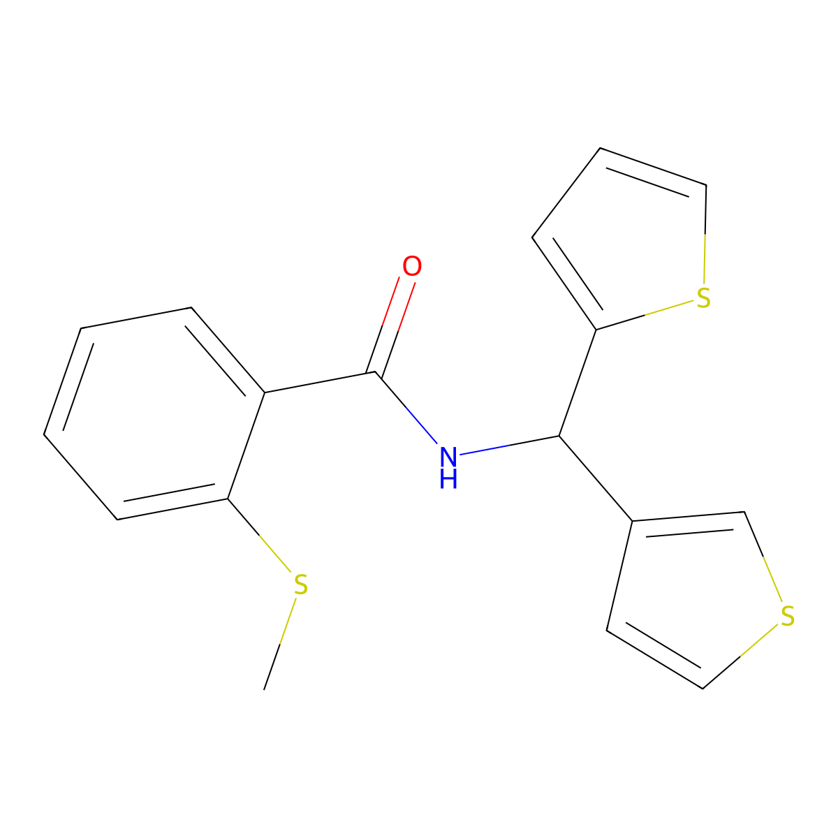 2-(methylthio)-N-(thiophen-2-yl(thiophen-3-yl)methyl)benzamide molecular structure, CAS 2034223-30-6