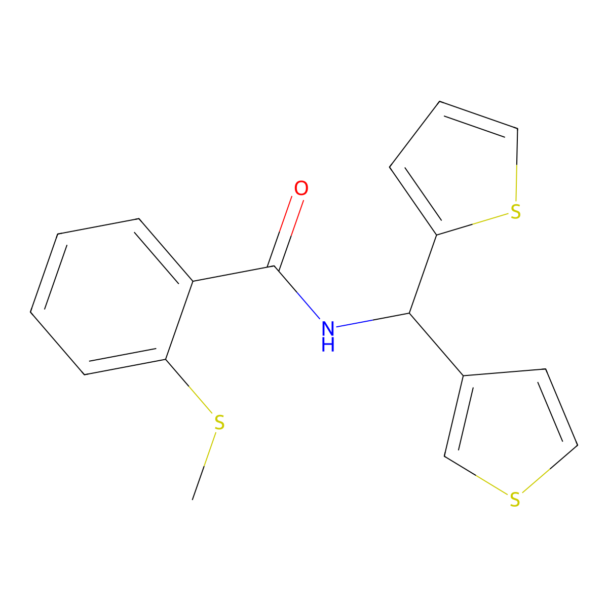 2-(methylthio)-N-(thiophen-2-yl(thiophen-3-yl)methyl)benzamide molecular structure, CAS 2034223-30-6