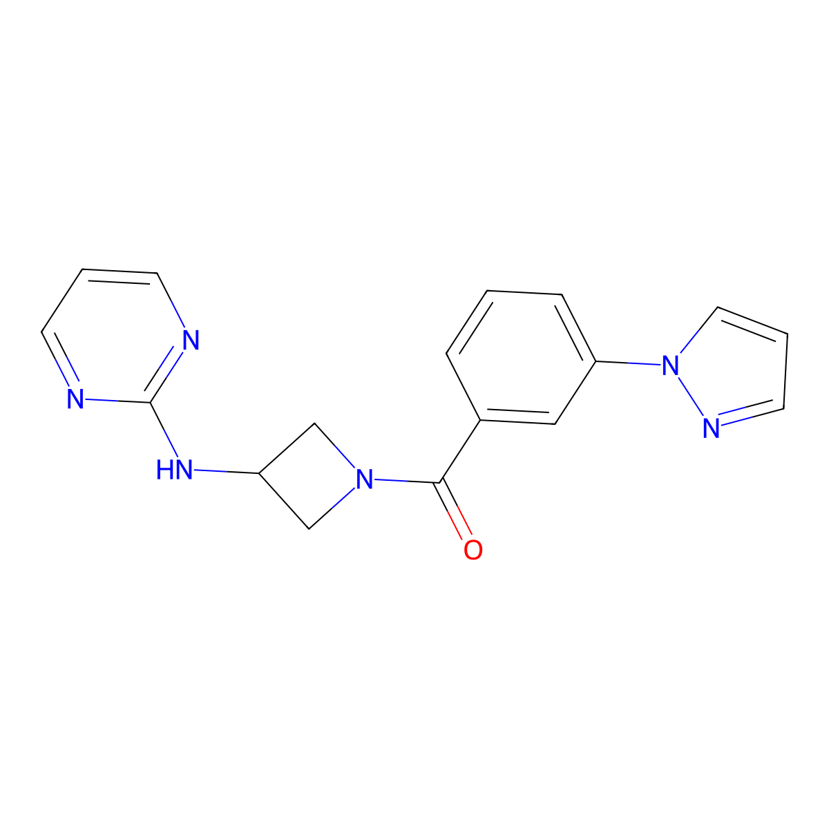 (3-(1H-pyrazol-1-yl)phenyl)(3-(pyrimidin-2-ylamino)azetidin-1-yl)methanone molecular structure, CAS 2034223-38-4