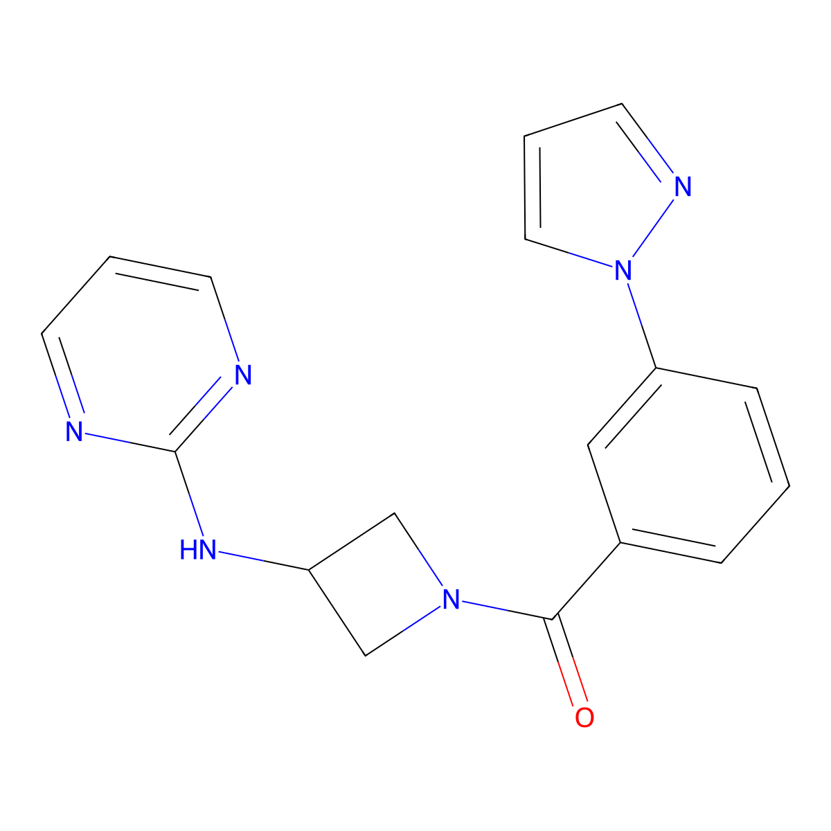(3-(1H-pyrazol-1-yl)phenyl)(3-(pyrimidin-2-ylamino)azetidin-1-yl)methanone molecular structure, CAS 2034223-38-4