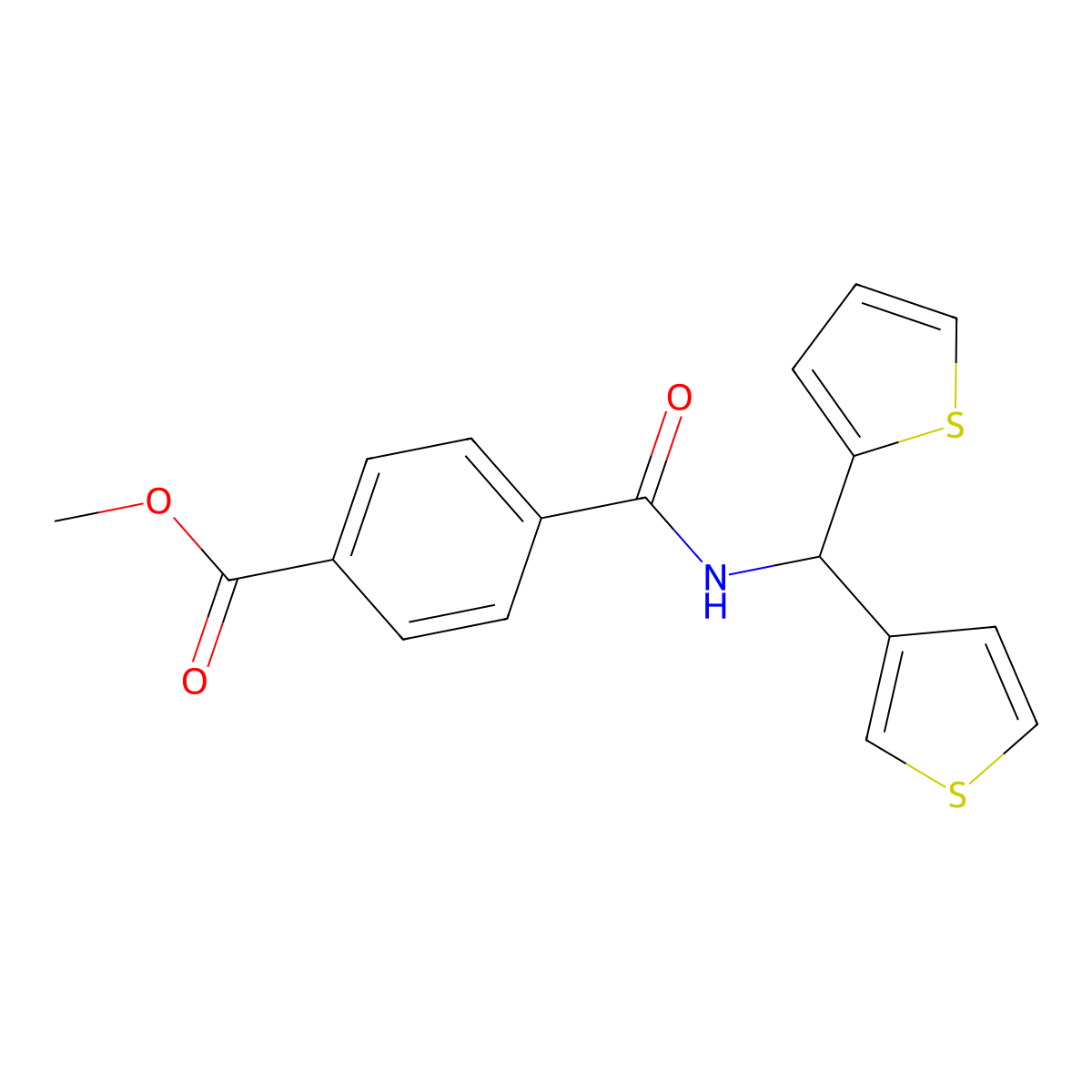 Methyl 4-((thiophen-2-yl(thiophen-3-yl)methyl)carbamoyl)benzoate molecular structure, CAS 2034223-40-8
