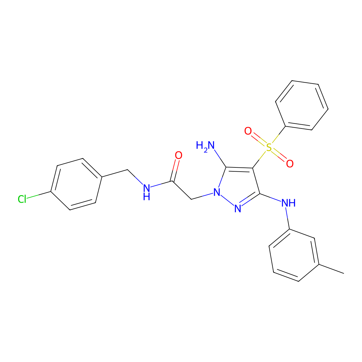 2-(5-amino-4-(phenylsulfonyl)-3-(m-tolylamino)-1H-pyrazol-1-yl)-N-(4-chlorobenzyl)acetamide molecular structure, CAS 2034223-47-5