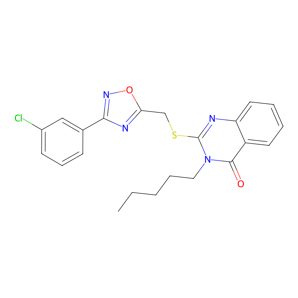 2-(((3-(3-chlorophenyl)-1,2,4-oxadiazol-5-yl)methyl)thio)-3-pentylquinazolin-4(3H)-one molecular structure, CAS 2034223-53-3