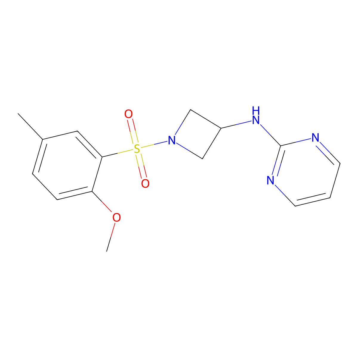N-(1-((2-methoxy-5-methylphenyl)sulfonyl)azetidin-3-yl)pyrimidin-2-amine molecular structure, CAS 2034223-61-3
