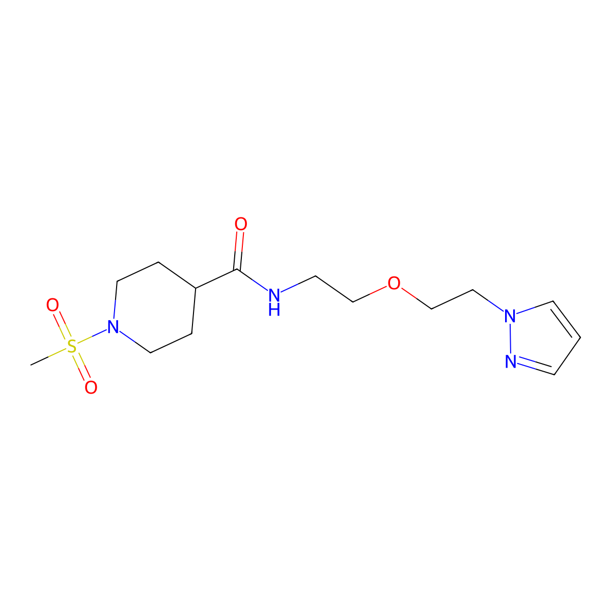 N-(2-(2-(1H-pyrazol-1-yl)ethoxy)ethyl)-1-(methylsulfonyl)piperidine-4-carboxamide molecular structure, CAS 2034223-79-3