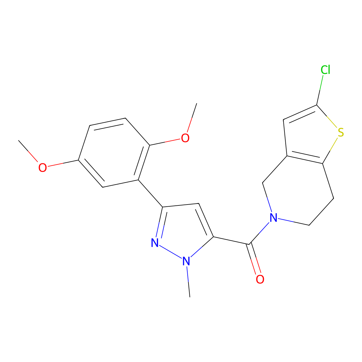 (2-chloro-6,7-dihydrothieno[3,2-c]pyridin-5(4H)-yl)(3-(2,5-dimethoxyphenyl)-1-methyl-1H-pyrazol-5-yl)methanone molecular structure, CAS 2034224-19-4