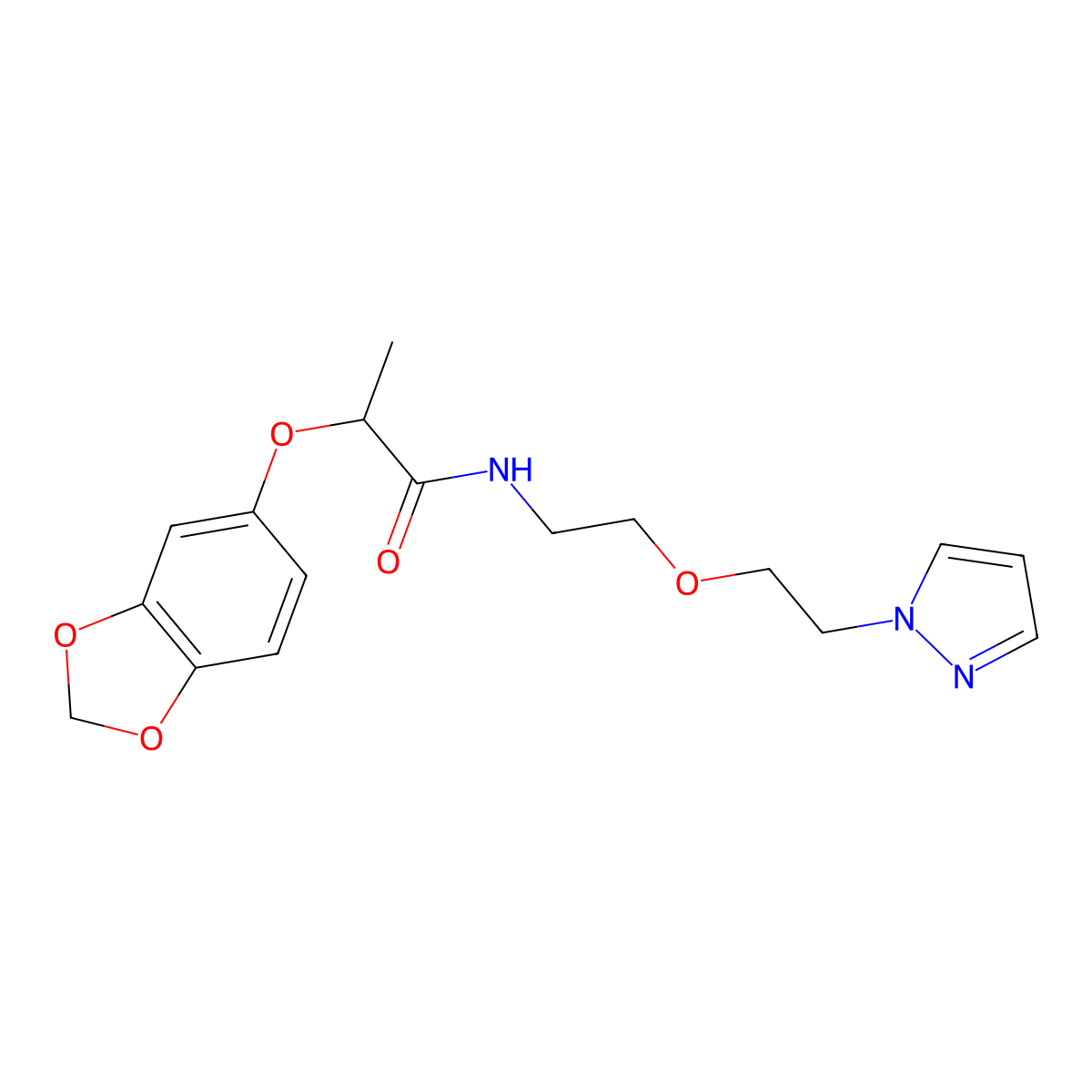 N-(2-(2-(1H-pyrazol-1-yl)ethoxy)ethyl)-2-(benzo[d][1,3]dioxol-5-yloxy)propanamide molecular structure, CAS 2034224-86-5