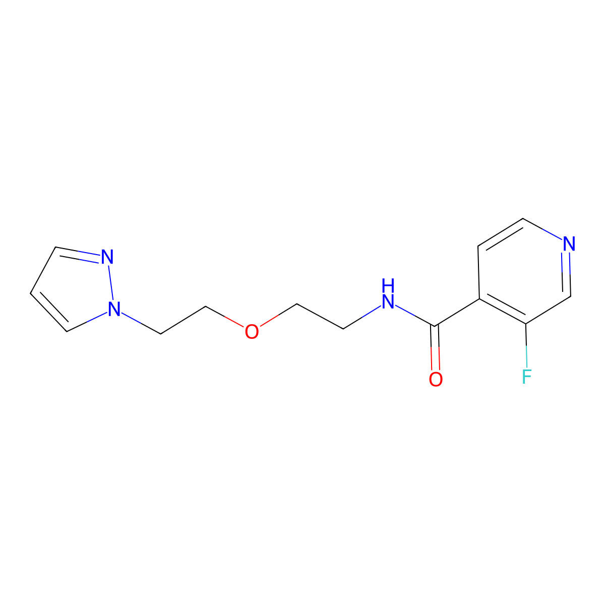 N-(2-(2-(1H-pyrazol-1-yl)ethoxy)ethyl)-3-fluoroisonicotinamide molecular structure, CAS 2034224-90-1