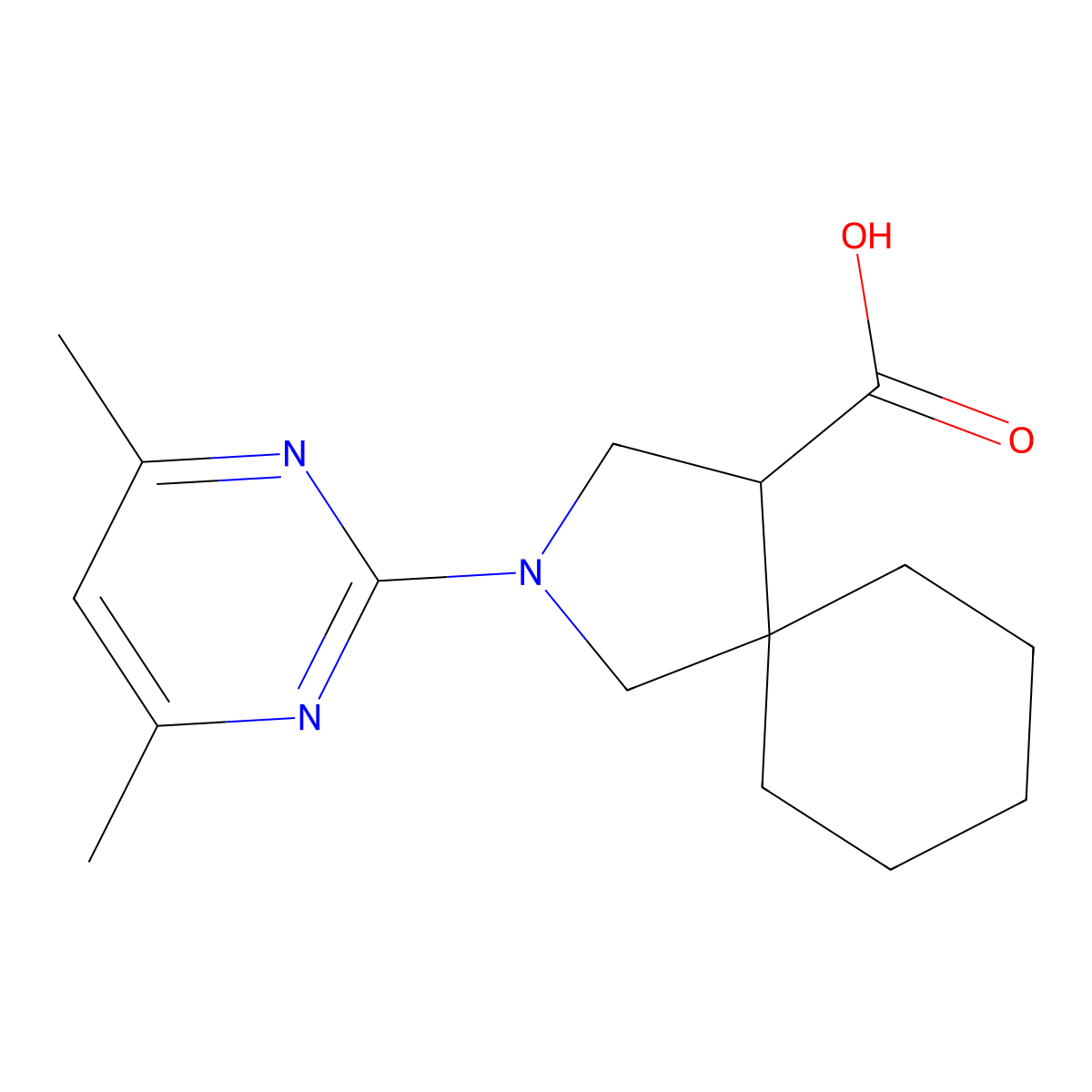 2-(4,6-Dimethylpyrimidin-2-yl)-2-azaspiro[4.5]decane-4-carboxylic acid molecular structure, CAS 2034225-20-0